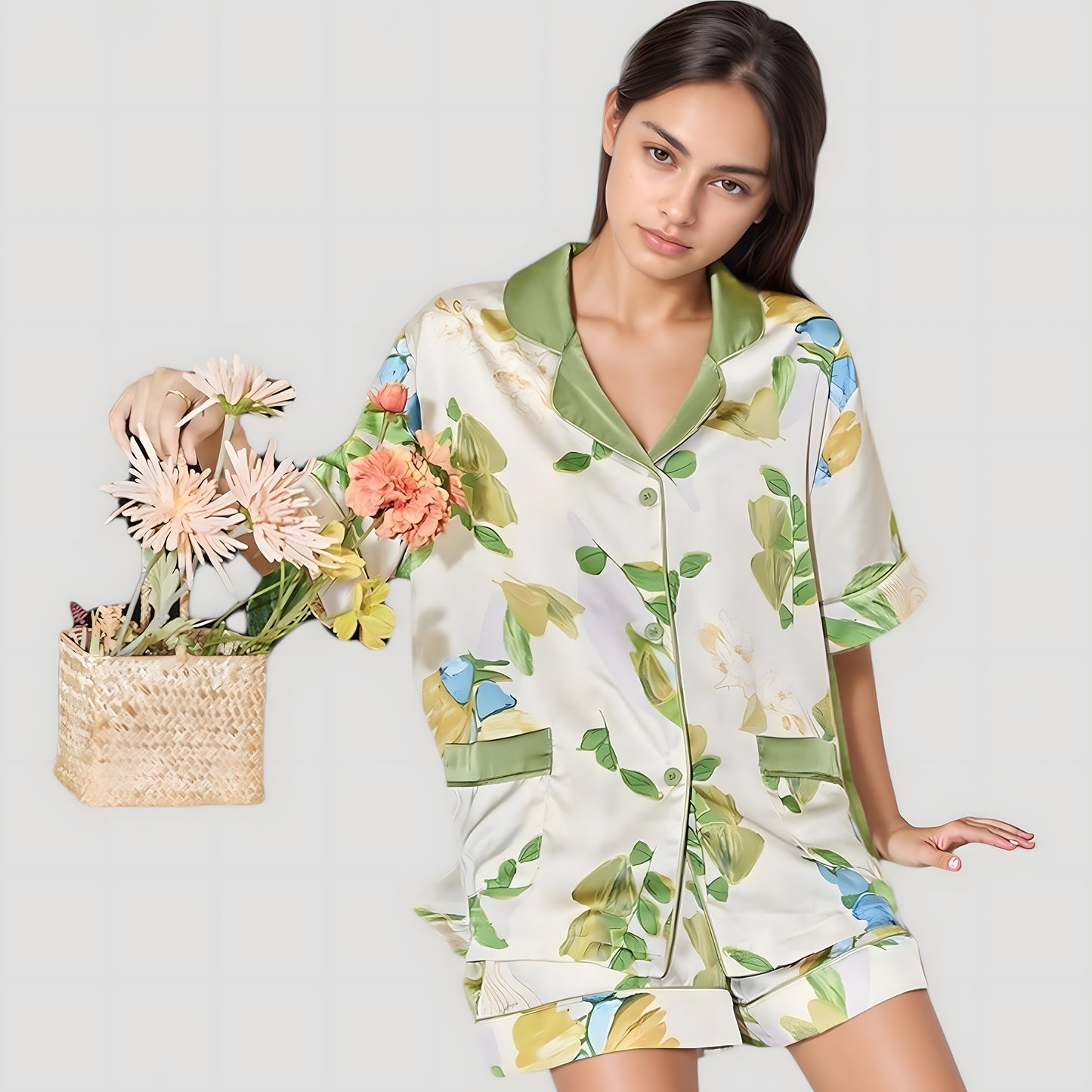 Anna-Kaci Lounge Women's Floral Print Pajama Set with Button-Up Short Sleeve Top and Matching Shorts