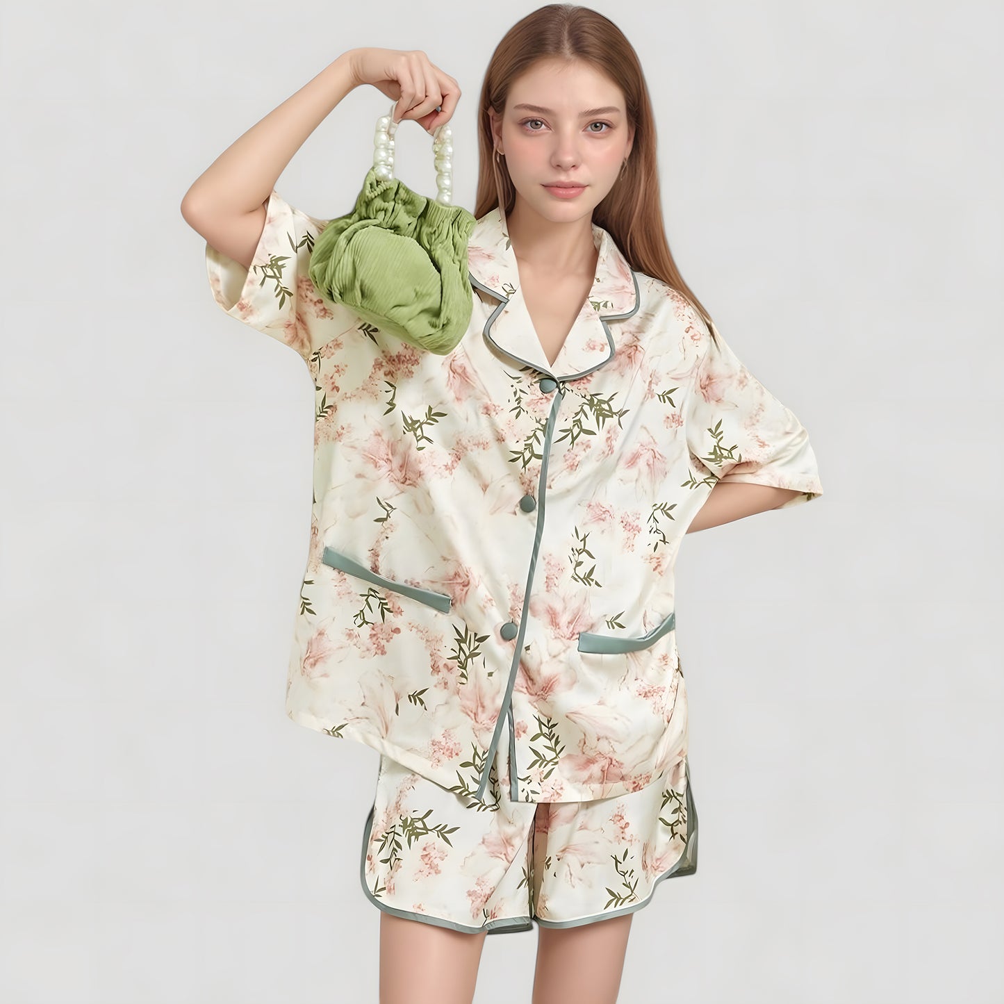 Anna-Kaci Lounge Women's Floral Print Pajama Set with Piping Trim and Button Front Short Sleeve Top
