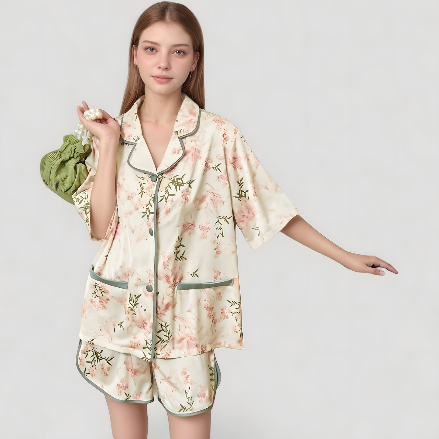 Anna-Kaci Lounge Women's Floral Print Pajama Set with Piping Trim and Button Front Short Sleeve Top