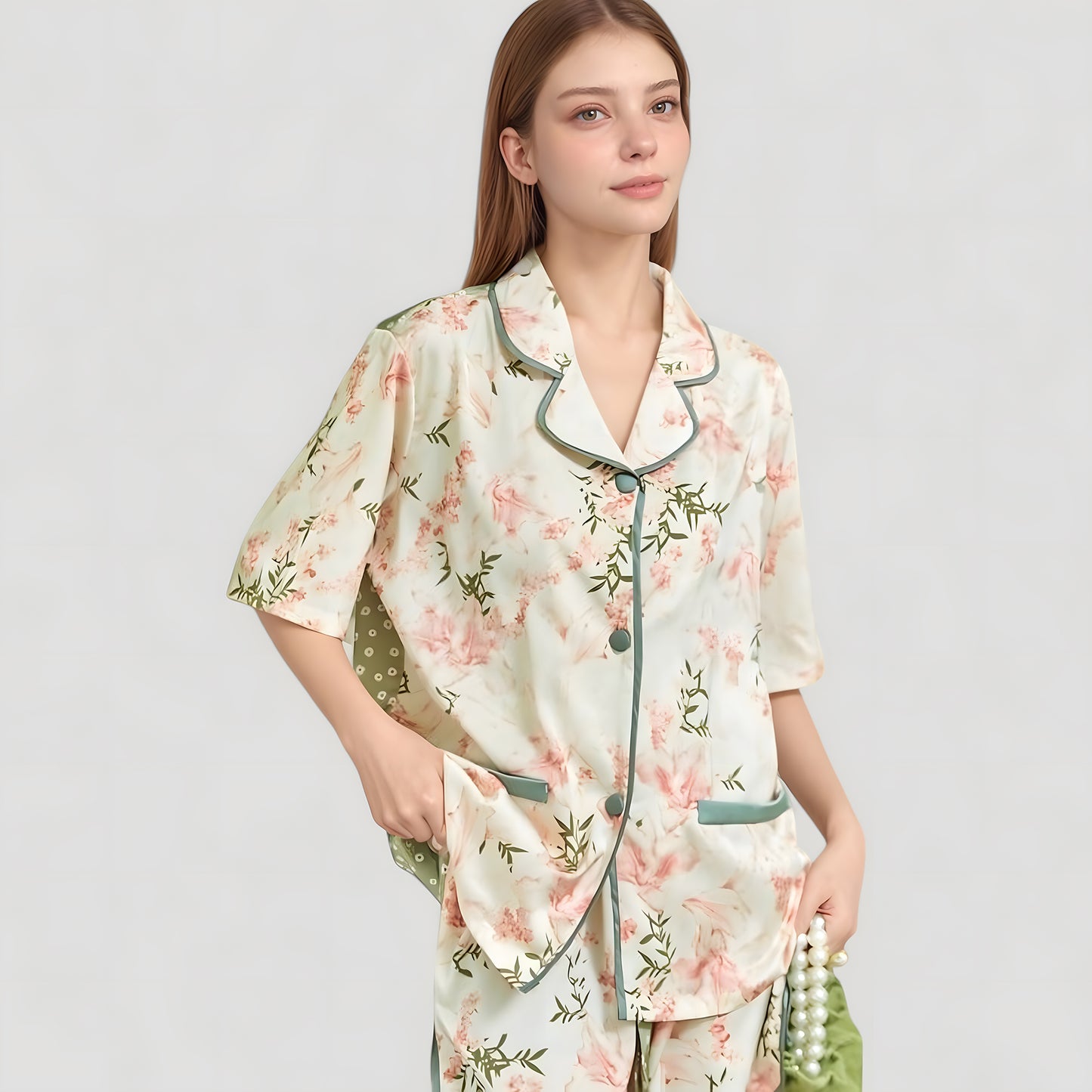 Anna-Kaci Lounge Women's Floral Print Pajama Set with Piping Trim and Button Front Short Sleeve Top