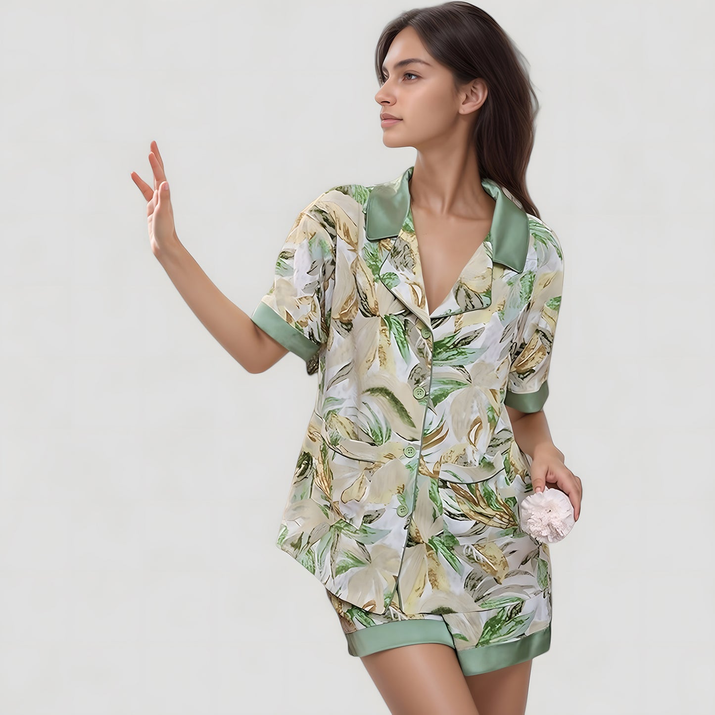 Anna-Kaci Lounge Women's Tropical Banana Leaf Print Pajama Set with Short Sleeves and Button Front Top