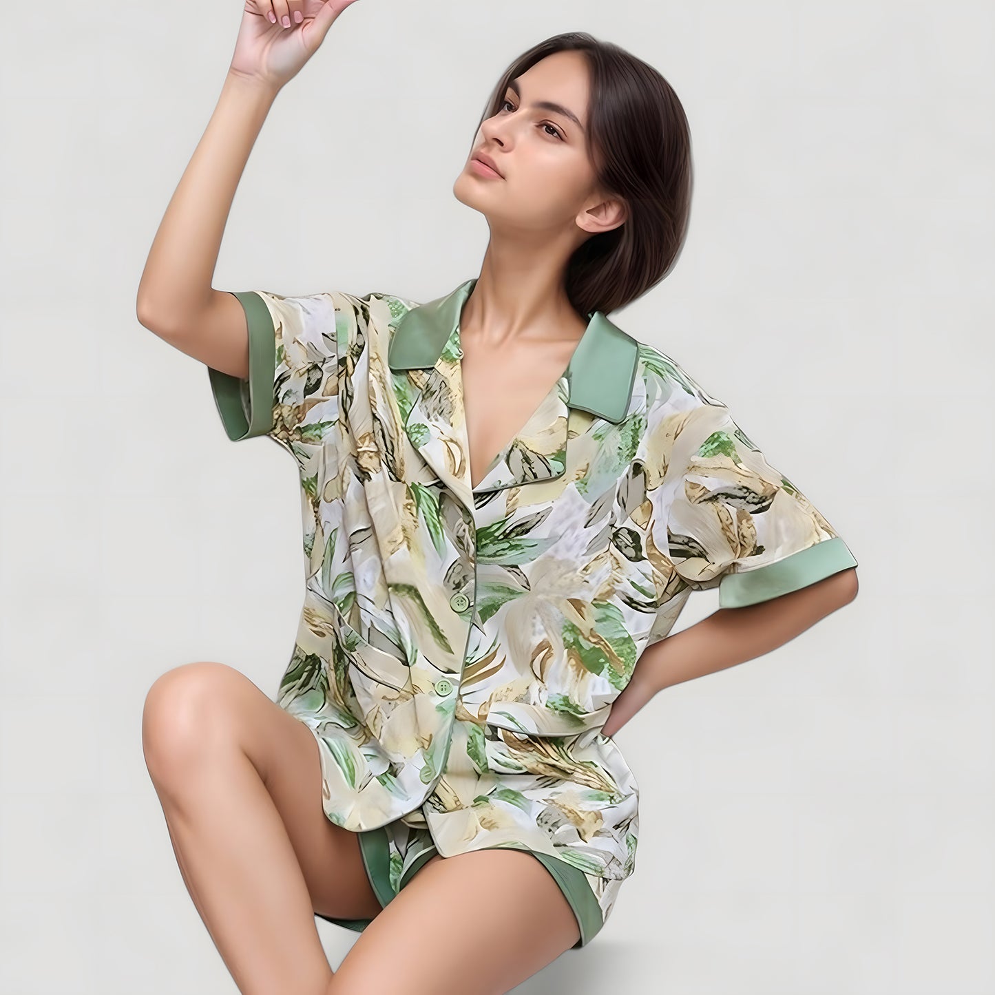 Anna-Kaci Lounge Women's Tropical Banana Leaf Print Pajama Set with Short Sleeves and Button Front Top