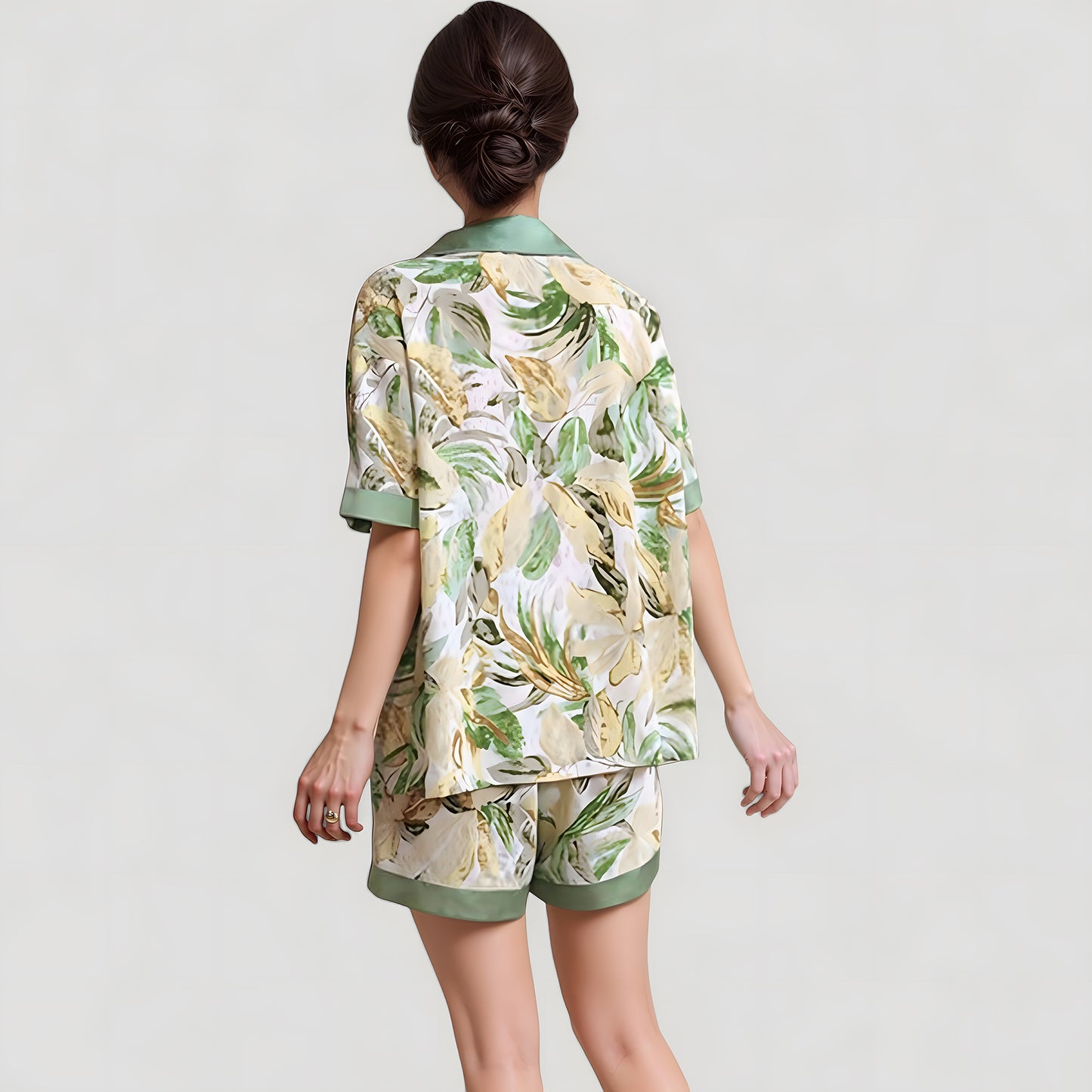 Anna-Kaci Lounge Women's Tropical Banana Leaf Print Pajama Set with Short Sleeves and Button Front Top