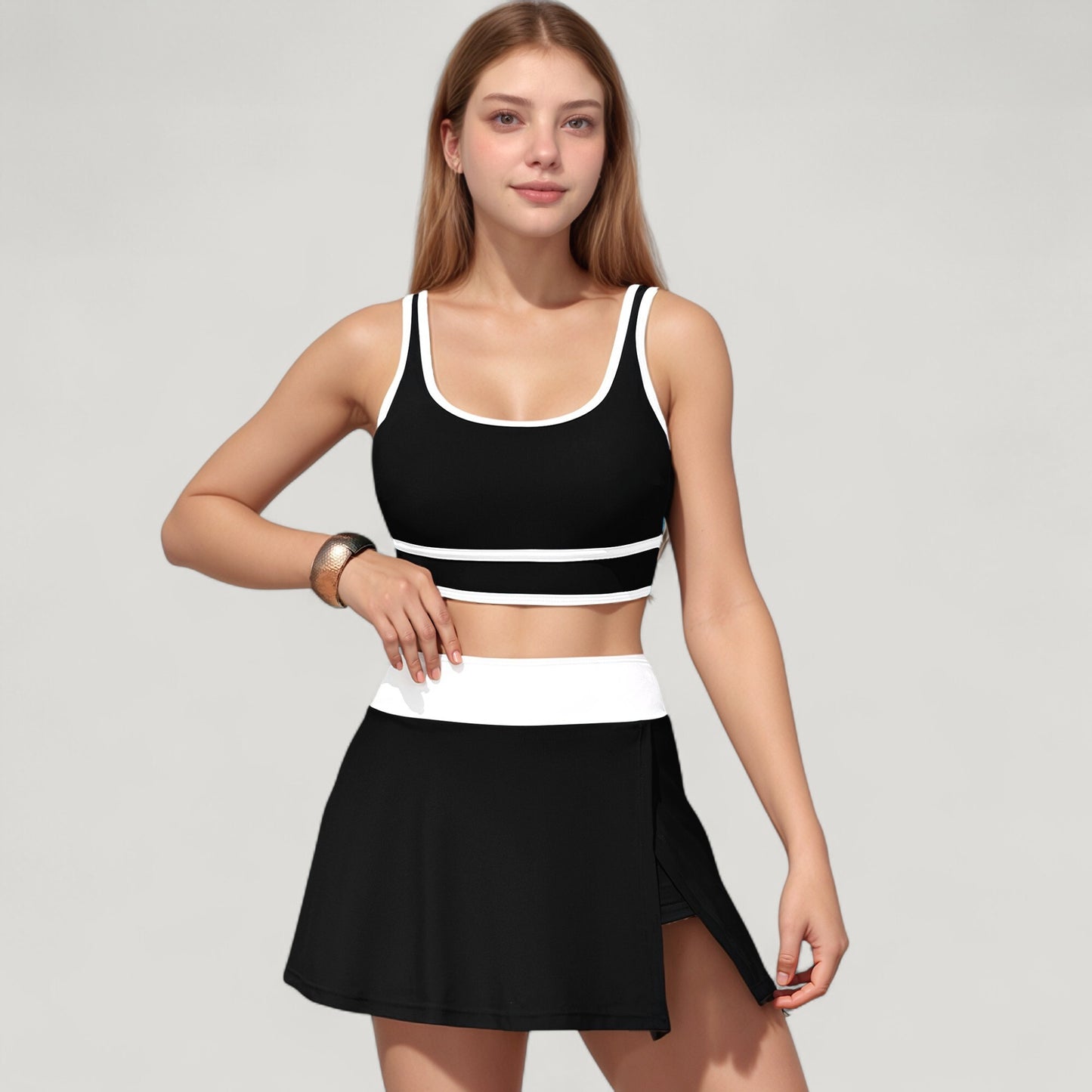 Anna-Kaci Swim Women's Scoop Neck Bikini Top and High Waist Skirted Swim Bottom Set with Contrast Trim Detail