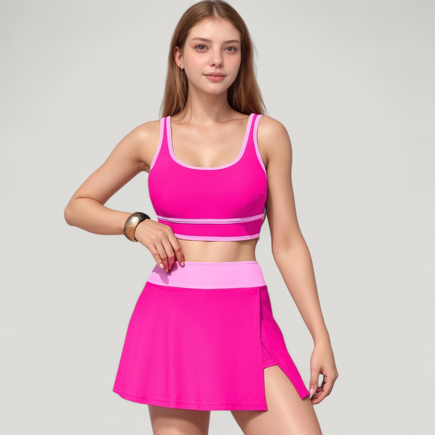 Anna-Kaci Swim Women's Scoop Neck Bikini Top and High Waist Skirted Swim Bottom Set with Contrast Trim Detail