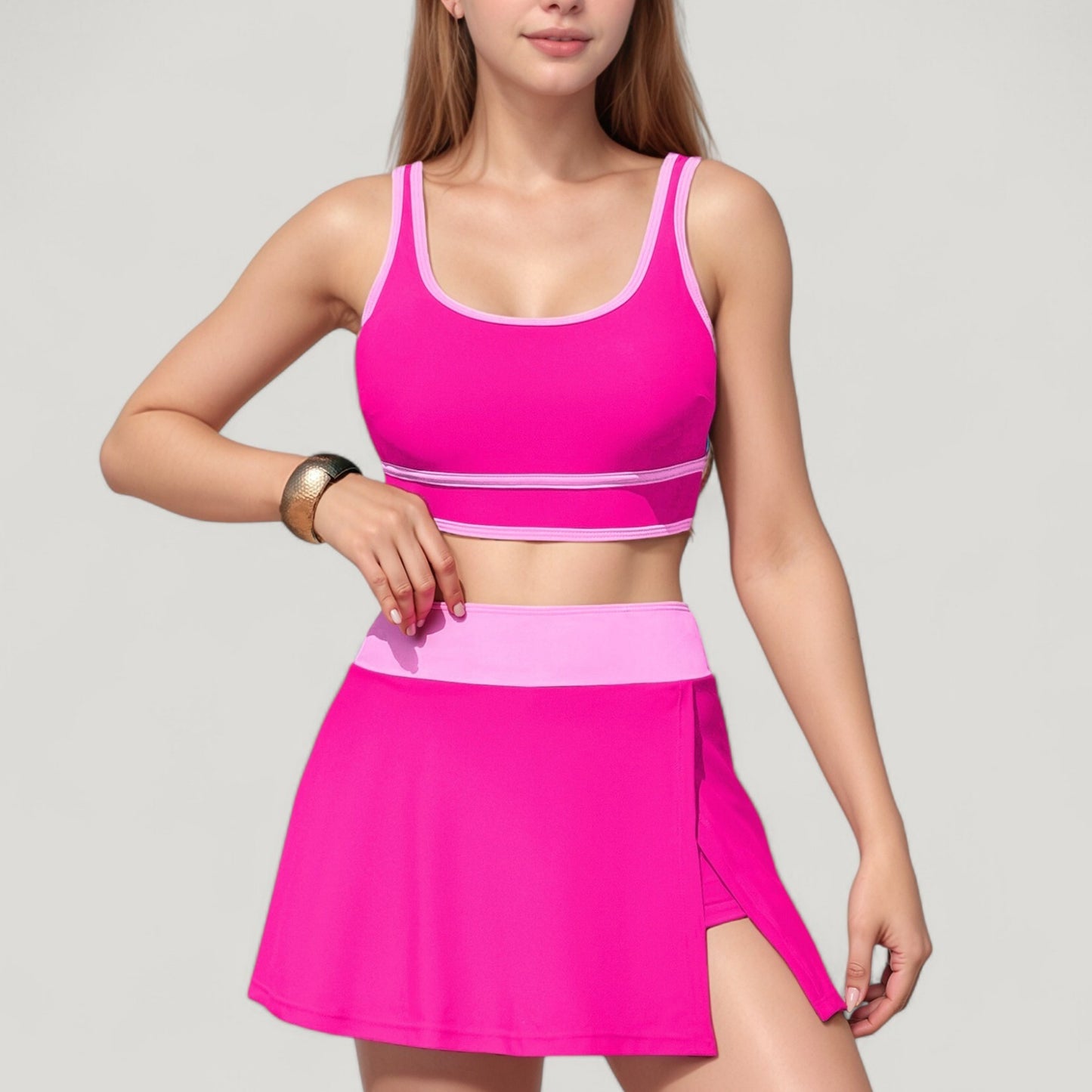 Anna-Kaci Swim Women's Scoop Neck Bikini Top and High Waist Skirted Swim Bottom Set with Contrast Trim Detail