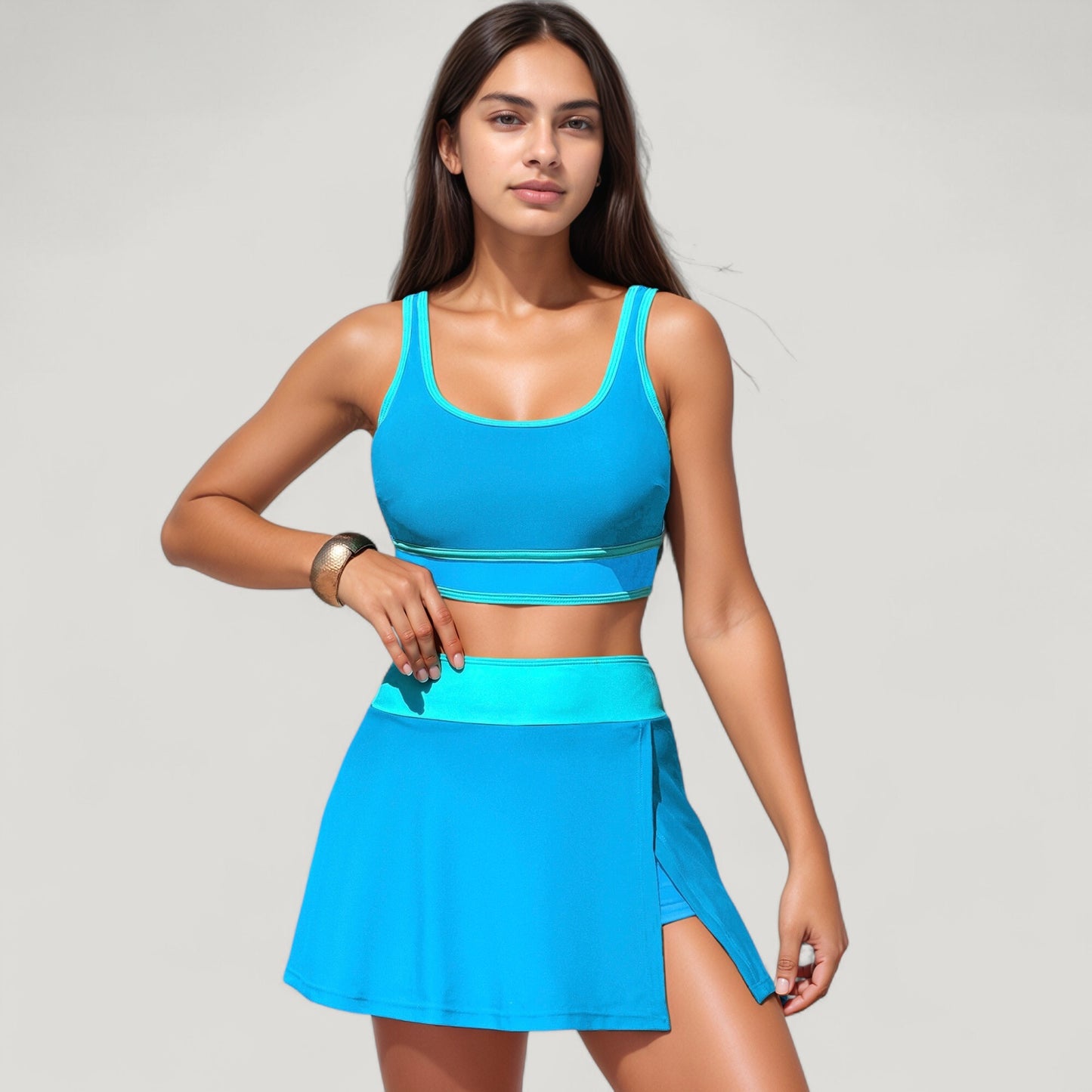 Anna-Kaci Swim Women's Scoop Neck Bikini Top and High Waist Skirted Swim Bottom Set with Contrast Trim Detail