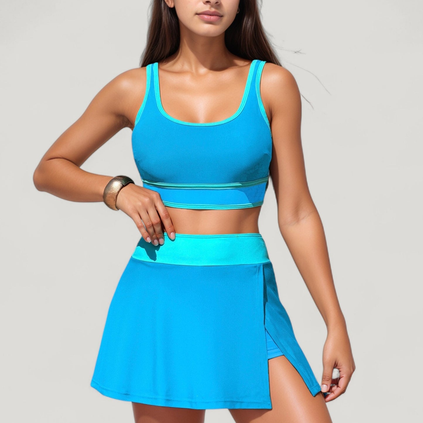Anna-Kaci Swim Women's Scoop Neck Bikini Top and High Waist Skirted Swim Bottom Set with Contrast Trim Detail