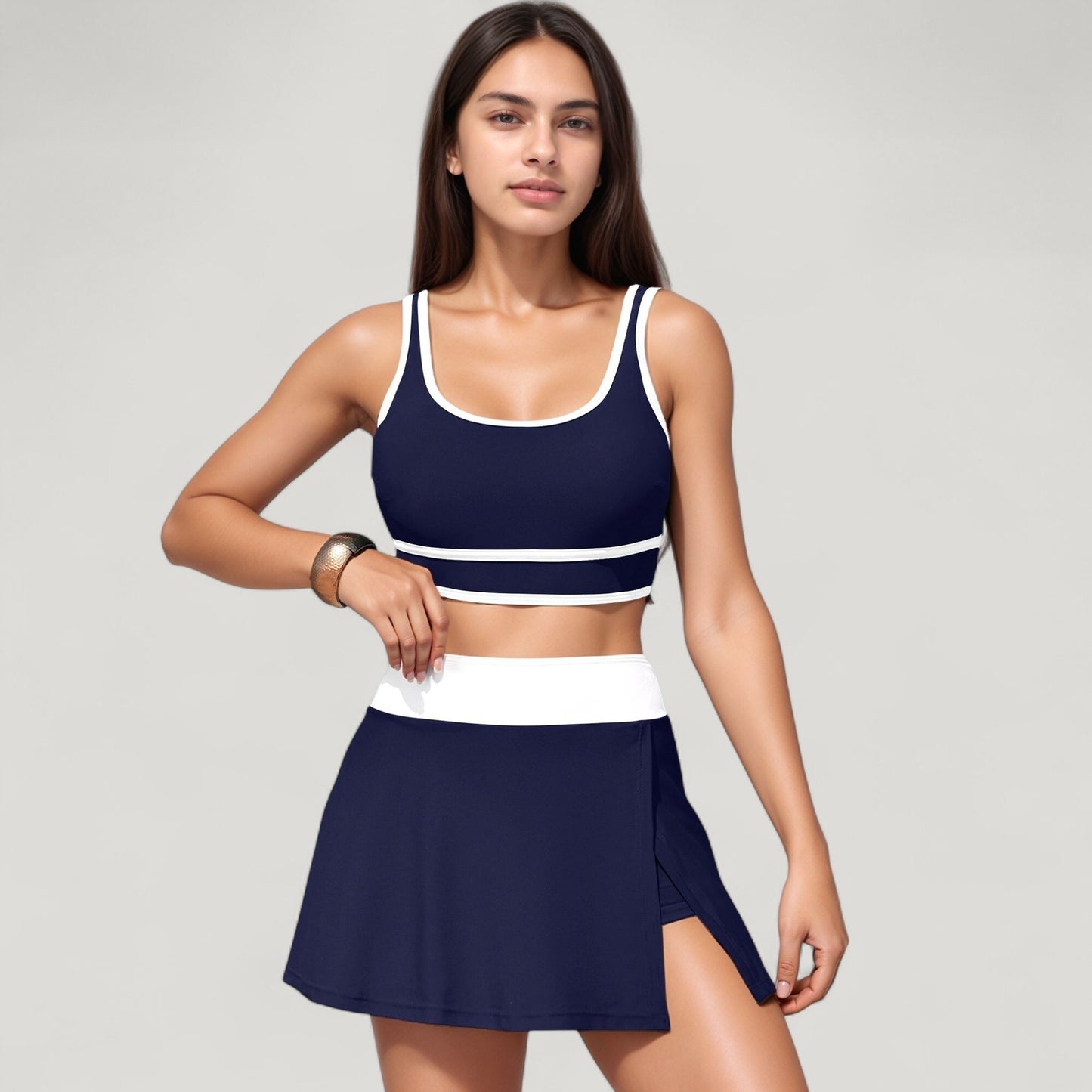 Anna-Kaci Swim Women's Scoop Neck Bikini Top and High Waist Skirted Swim Bottom Set with Contrast Trim Detail