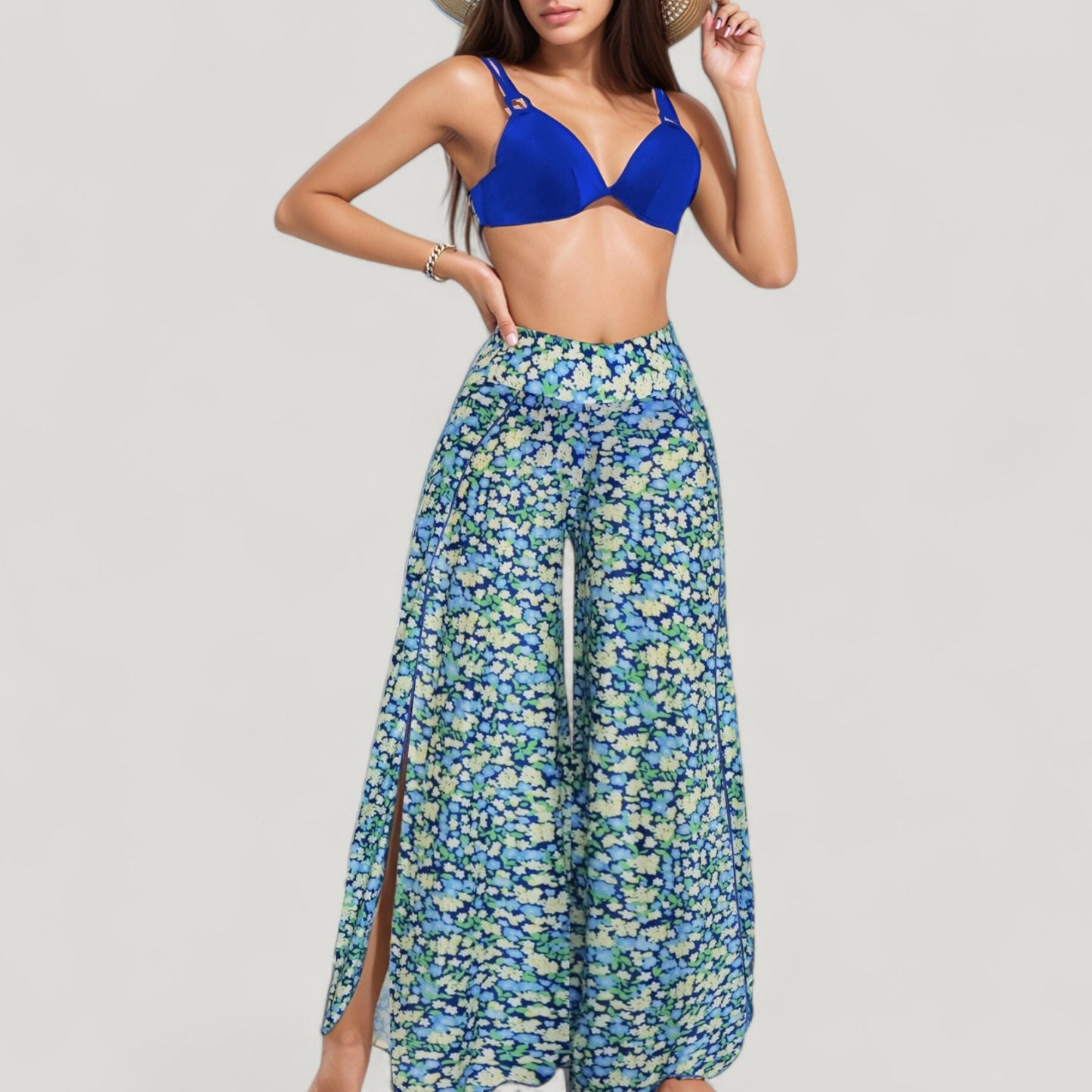 Anna-Kaci Swim Women's Three-Piece Swimsuit Set with Bikini Top High Waist Bottom and Sheer Abstract Print Wide Leg Pants