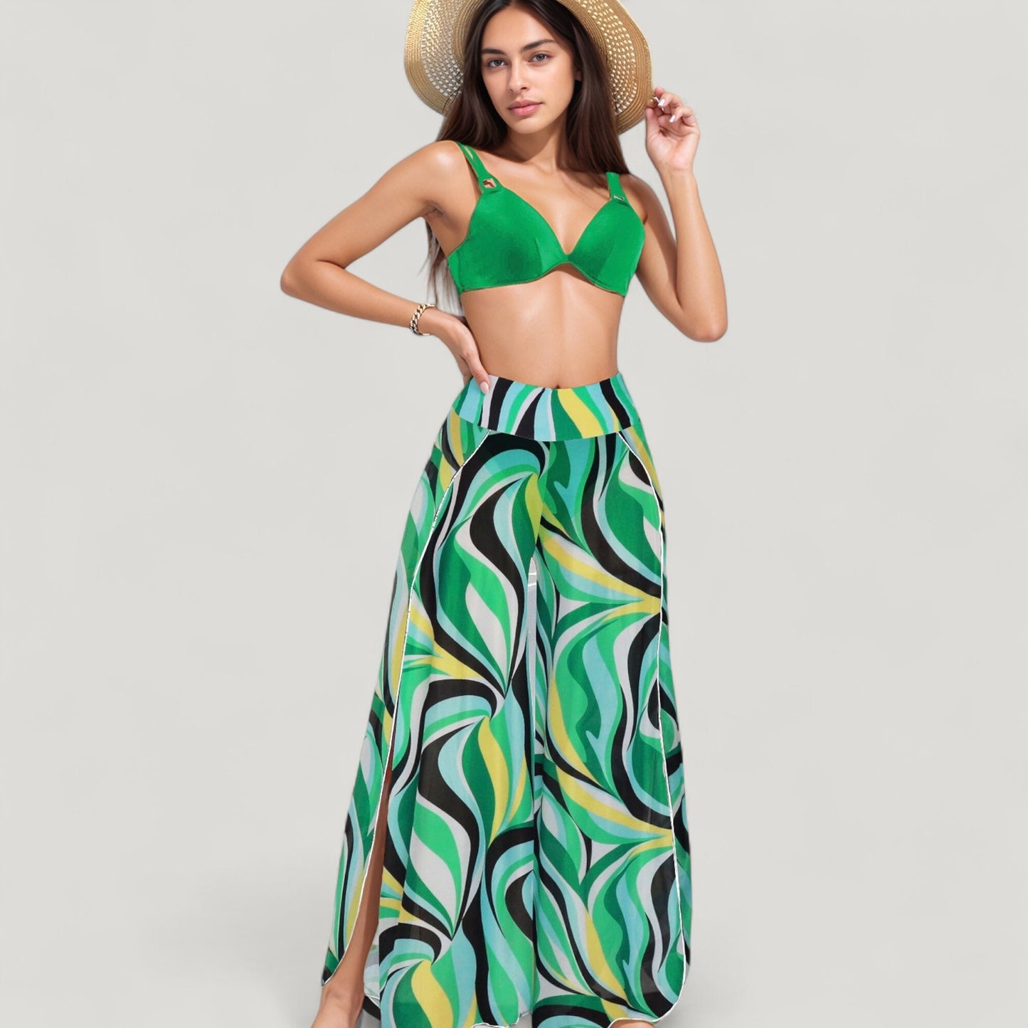 Anna-Kaci Swim Women's Three-Piece Swimsuit Set with Bikini Top High Waist Bottom and Sheer Abstract Print Wide Leg Pants