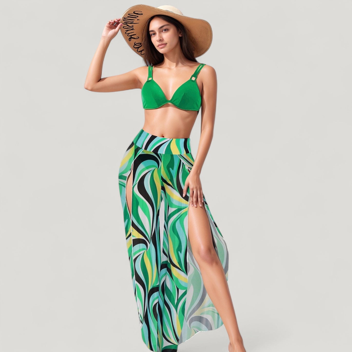 Anna-Kaci Swim Women's Three-Piece Swimsuit Set with Bikini Top High Waist Bottom and Sheer Abstract Print Wide Leg Pants