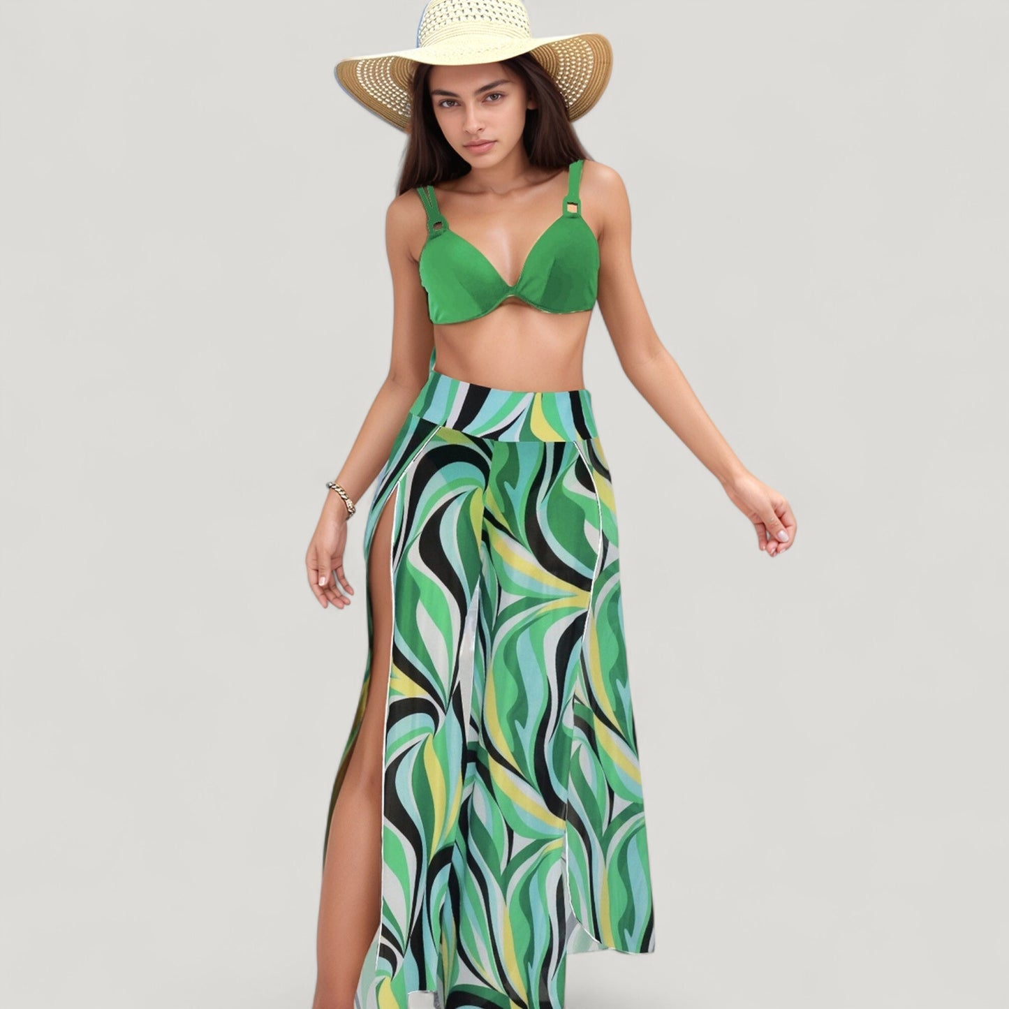 Anna-Kaci Swim Women's Three-Piece Swimsuit Set with Bikini Top High Waist Bottom and Sheer Abstract Print Wide Leg Pants