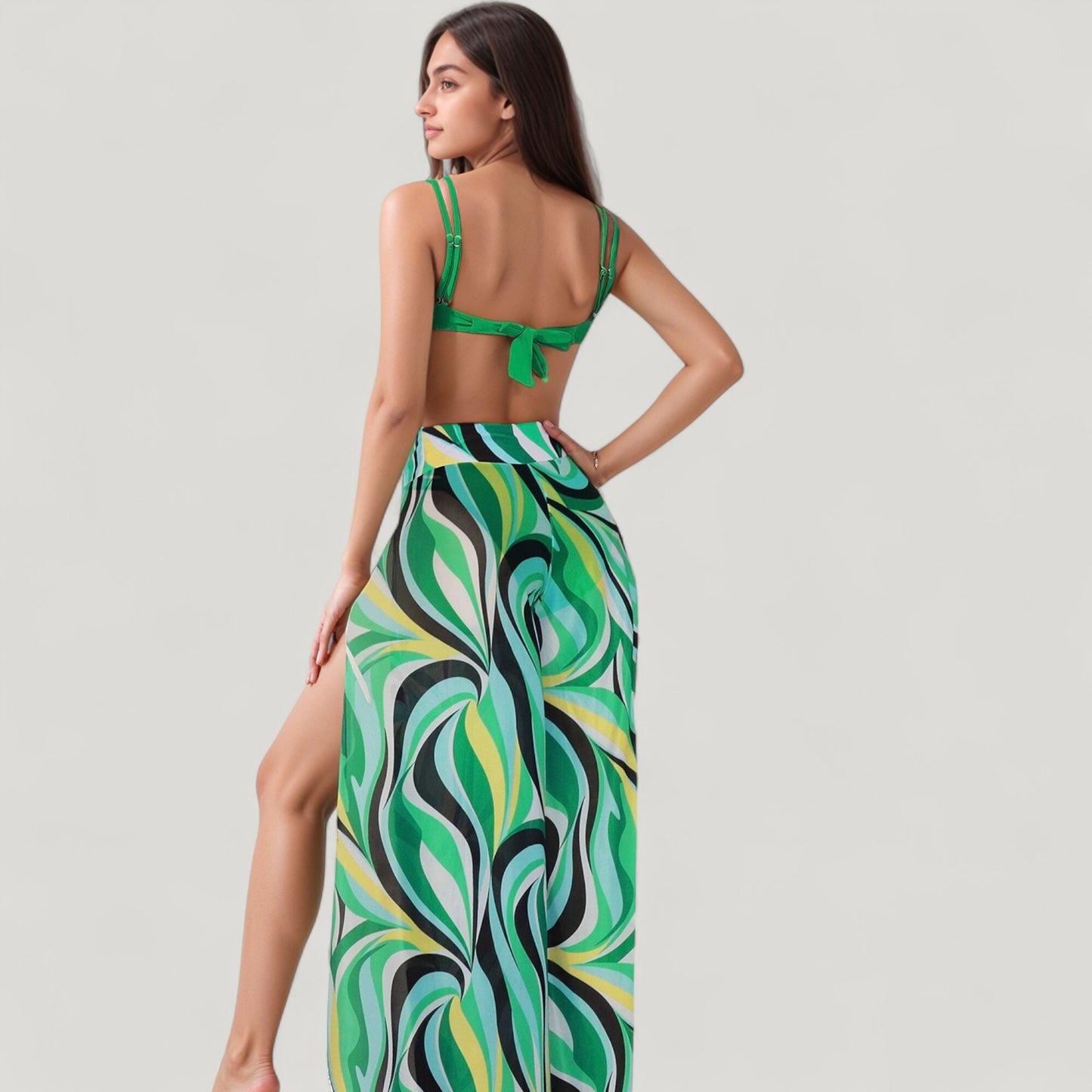 Anna-Kaci Swim Women's Three-Piece Swimsuit Set with Bikini Top High Waist Bottom and Sheer Abstract Print Wide Leg Pants