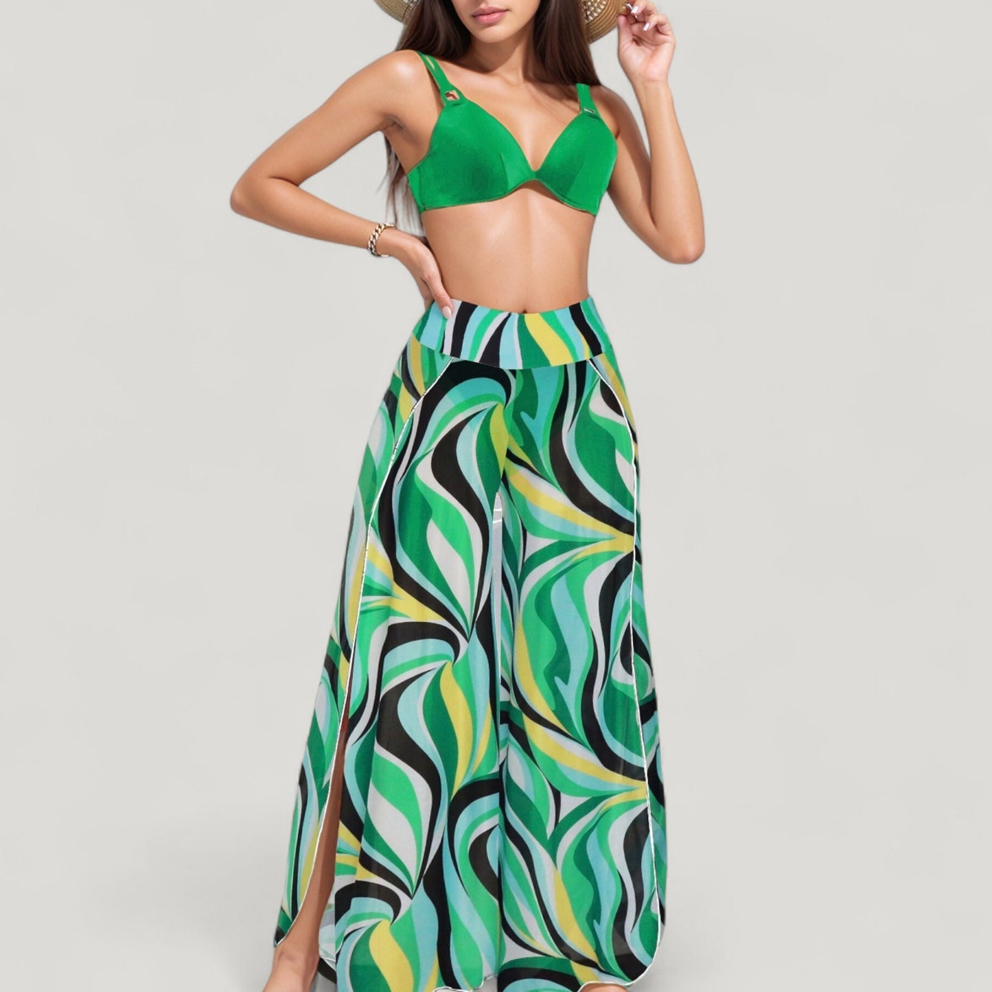 Anna-Kaci Swim Women's Three-Piece Swimsuit Set with Bikini Top High Waist Bottom and Sheer Abstract Print Wide Leg Pants