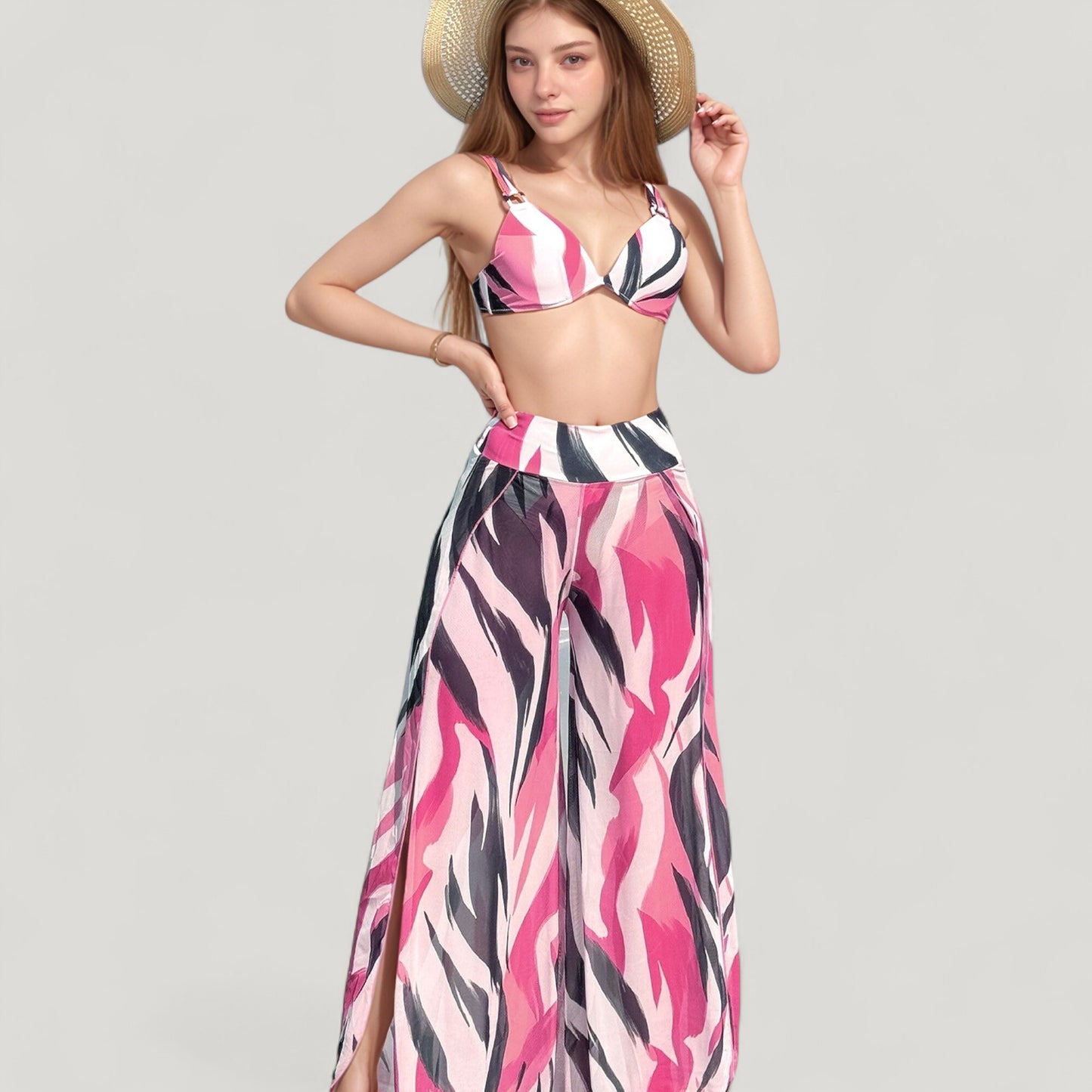 Anna-Kaci Swim Women's Three-Piece Swimsuit Set with Bikini Top High Waist Bottom and Sheer Abstract Print Wide Leg Pants