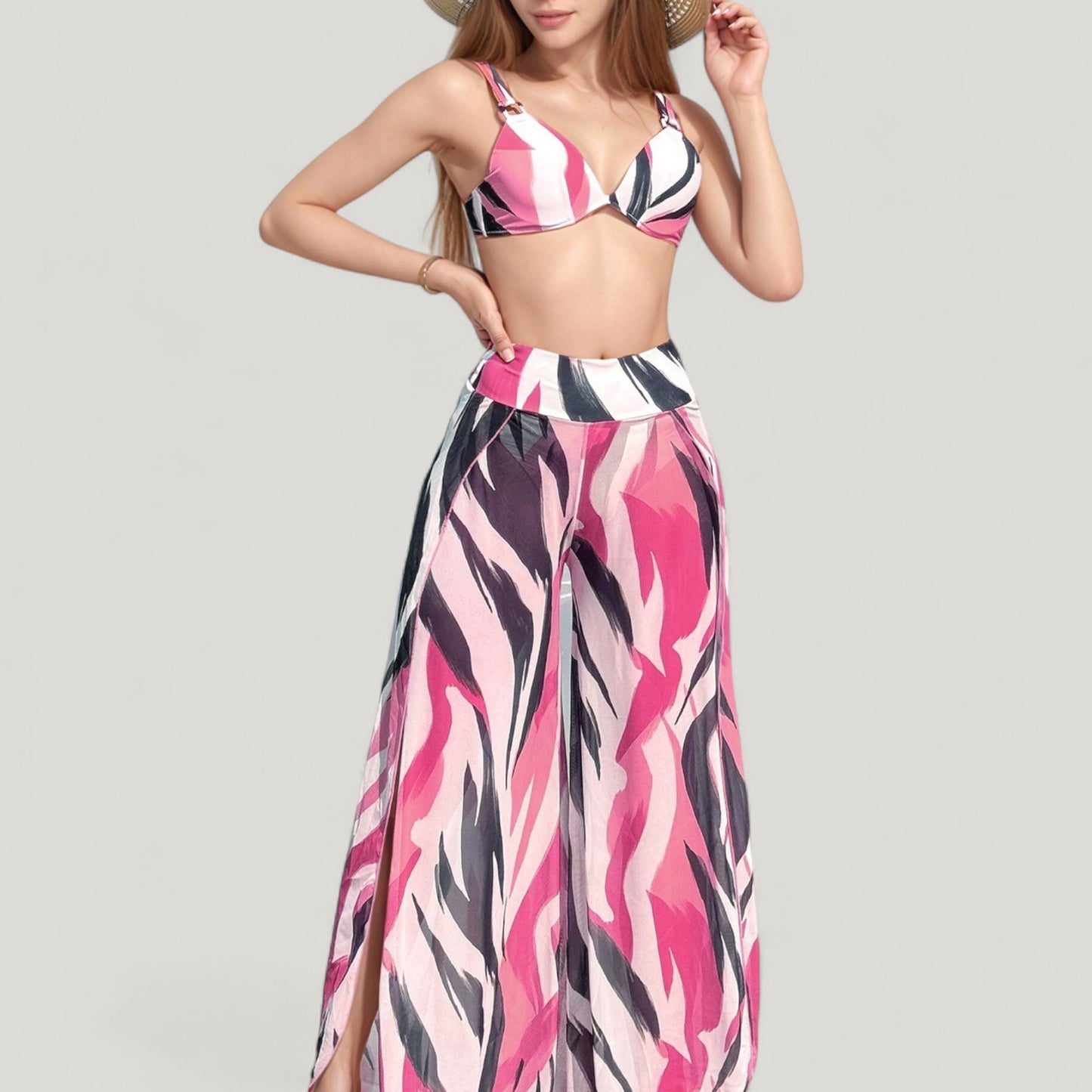 Anna-Kaci Swim Women's Three-Piece Swimsuit Set with Bikini Top High Waist Bottom and Sheer Abstract Print Wide Leg Pants