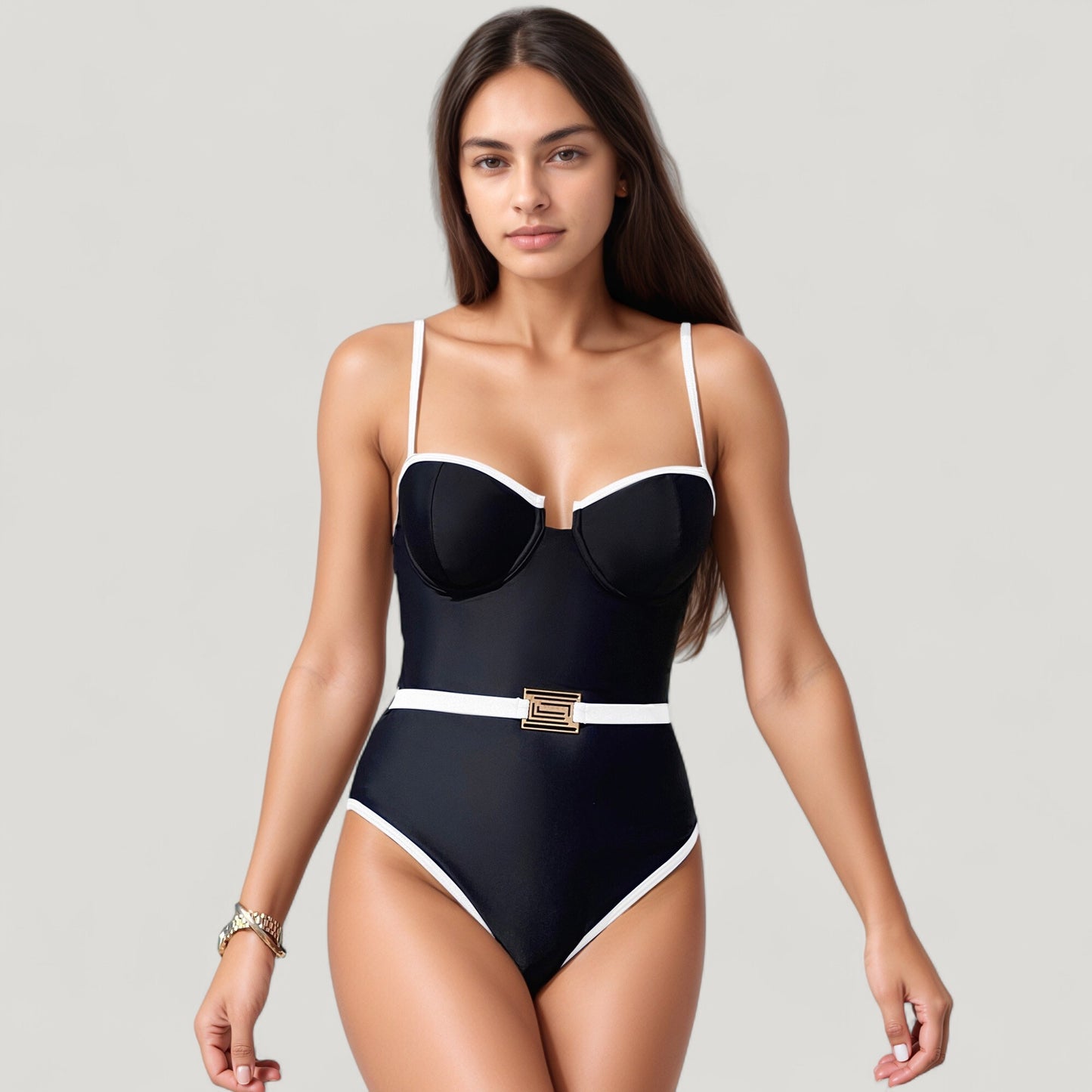 Anna-Kaci Swim Women's One-Piece Swimsuit with Contrast Trim Underwire Cups and Decorative Belt Detail