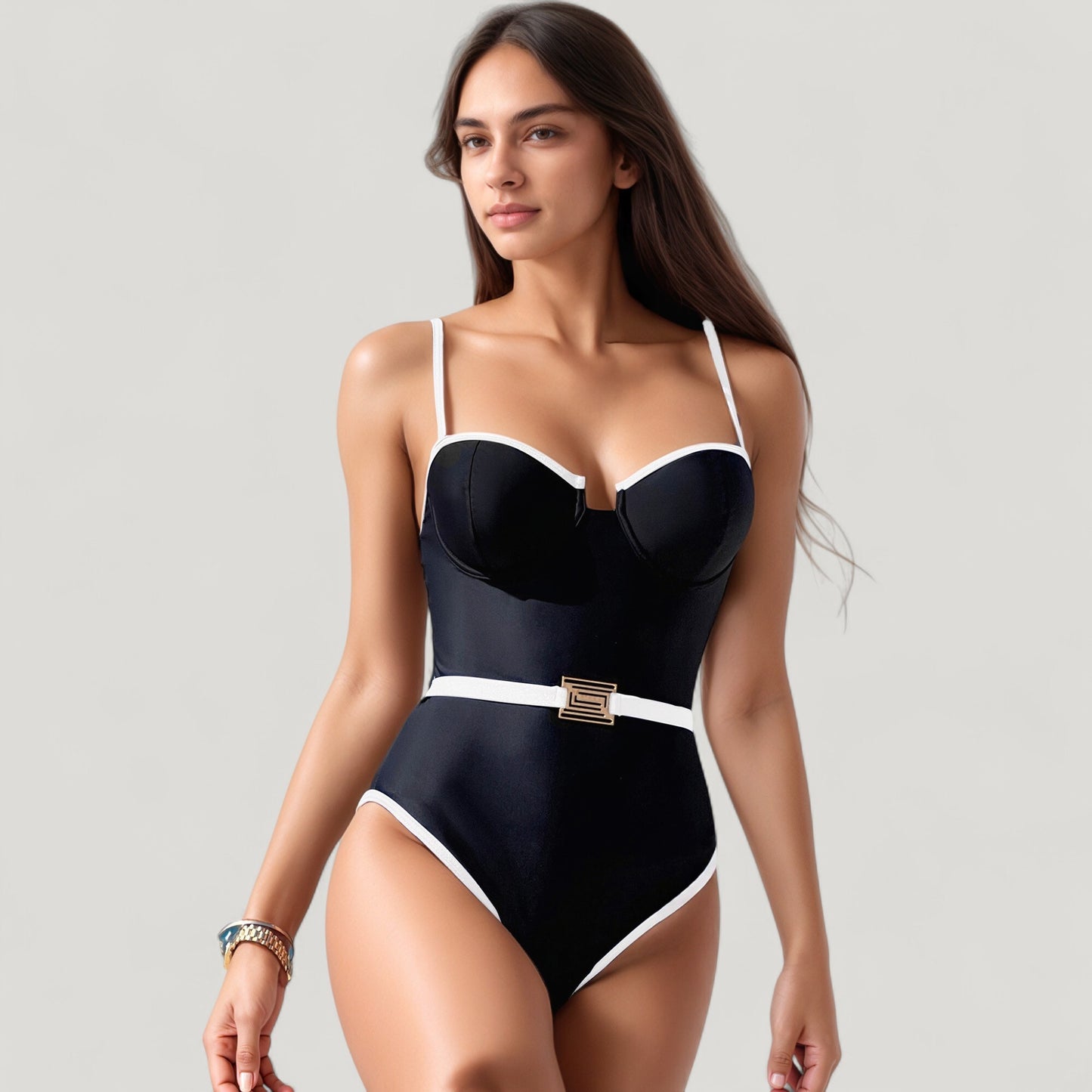 Anna-Kaci Swim Women's One-Piece Swimsuit with Contrast Trim Underwire Cups and Decorative Belt Detail