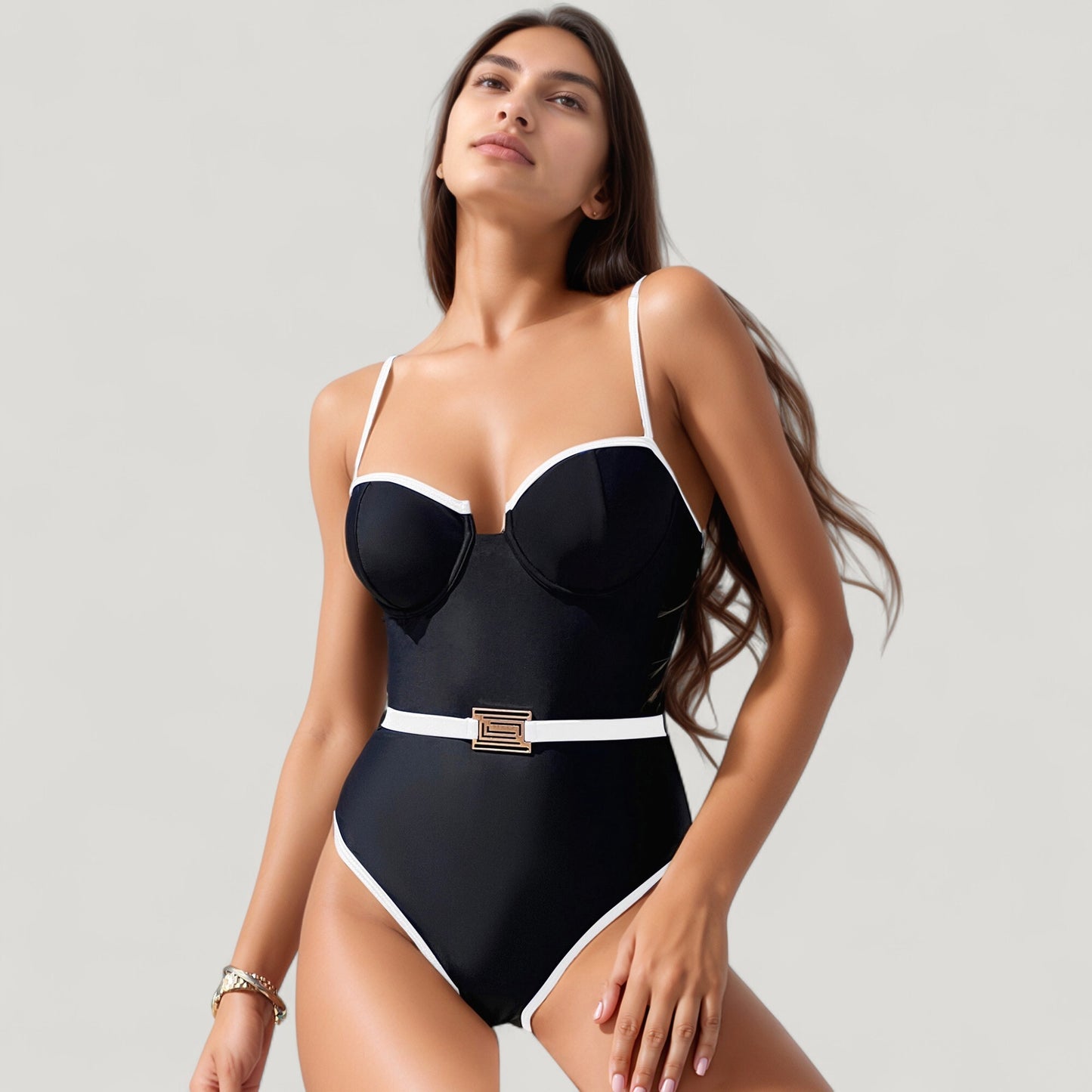 Anna-Kaci Swim Women's One-Piece Swimsuit with Contrast Trim Underwire Cups and Decorative Belt Detail