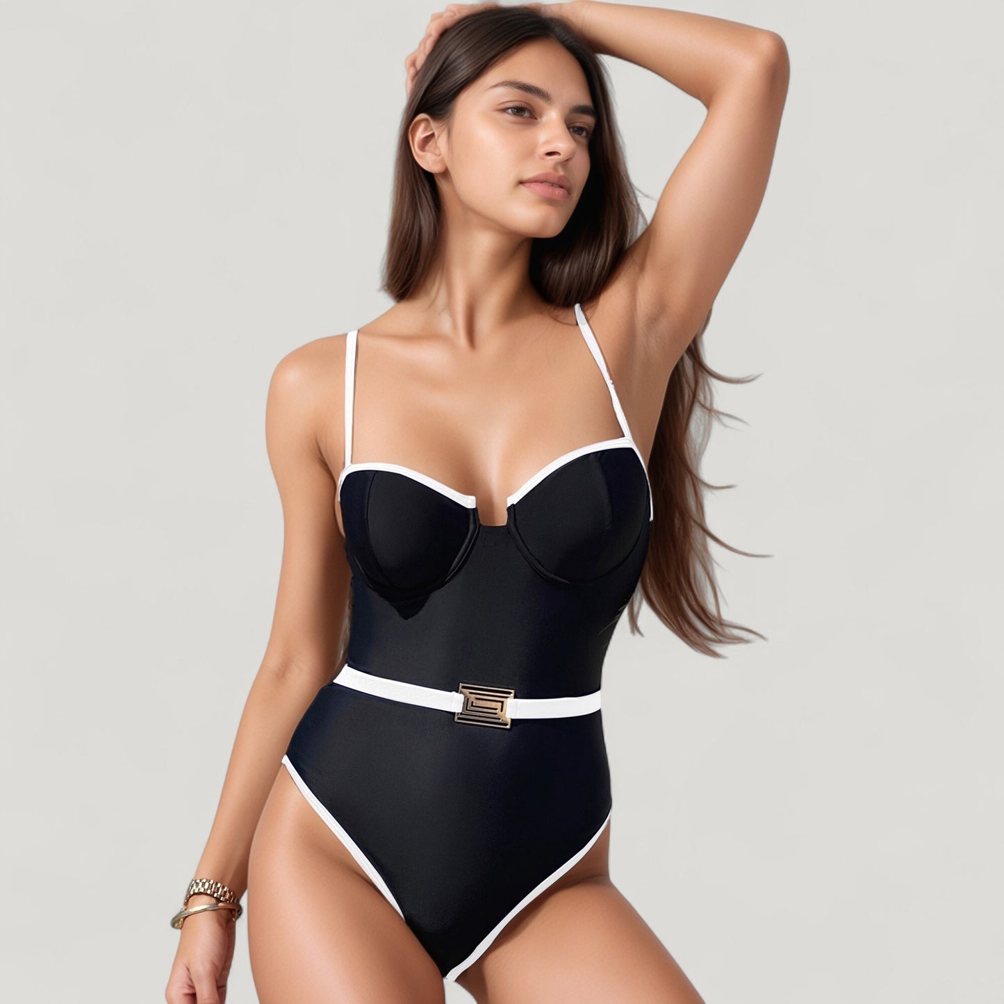 Anna-Kaci Swim Women's One-Piece Swimsuit with Contrast Trim Underwire Cups and Decorative Belt Detail