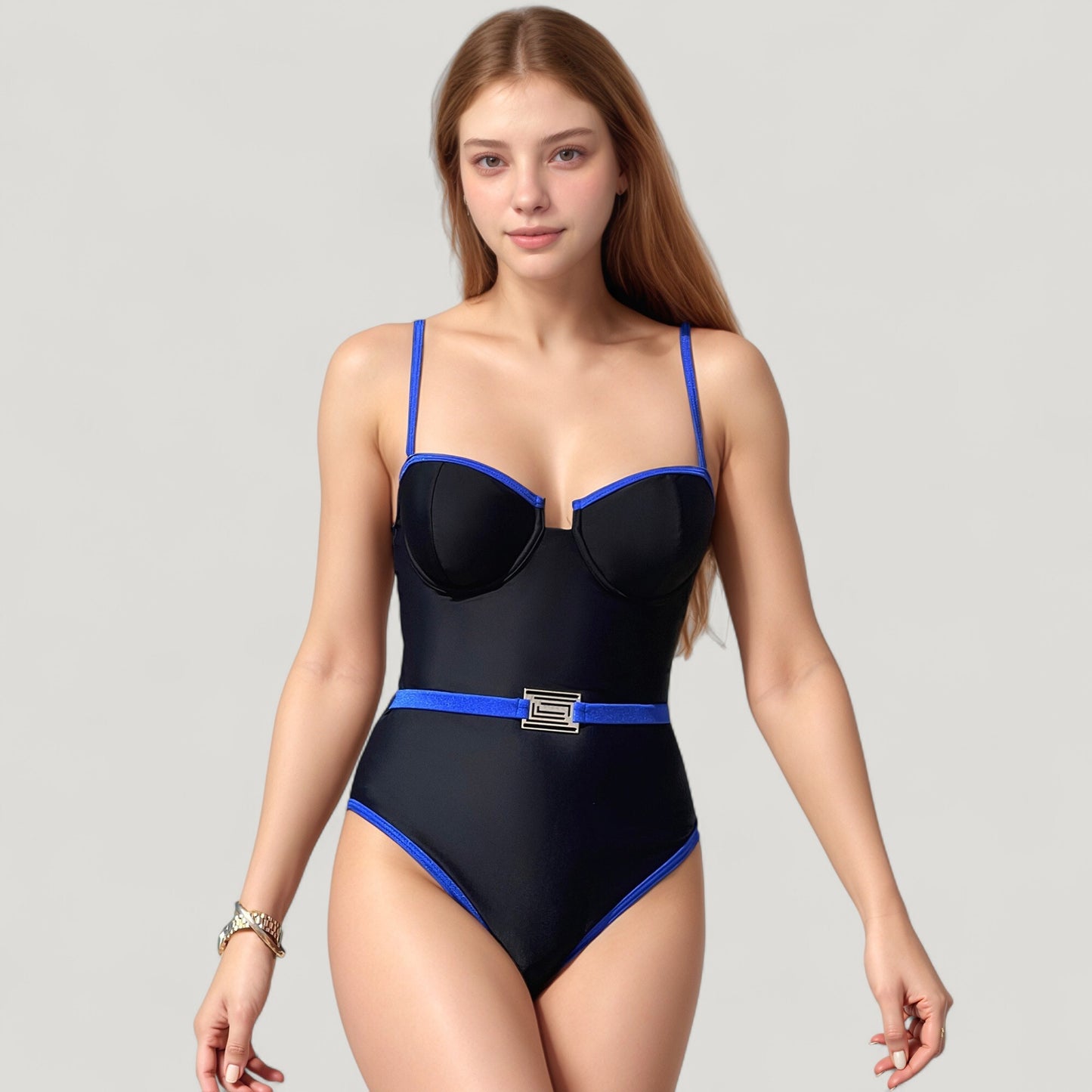 Anna-Kaci Swim Women's One-Piece Swimsuit with Contrast Trim Underwire Cups and Decorative Belt Detail