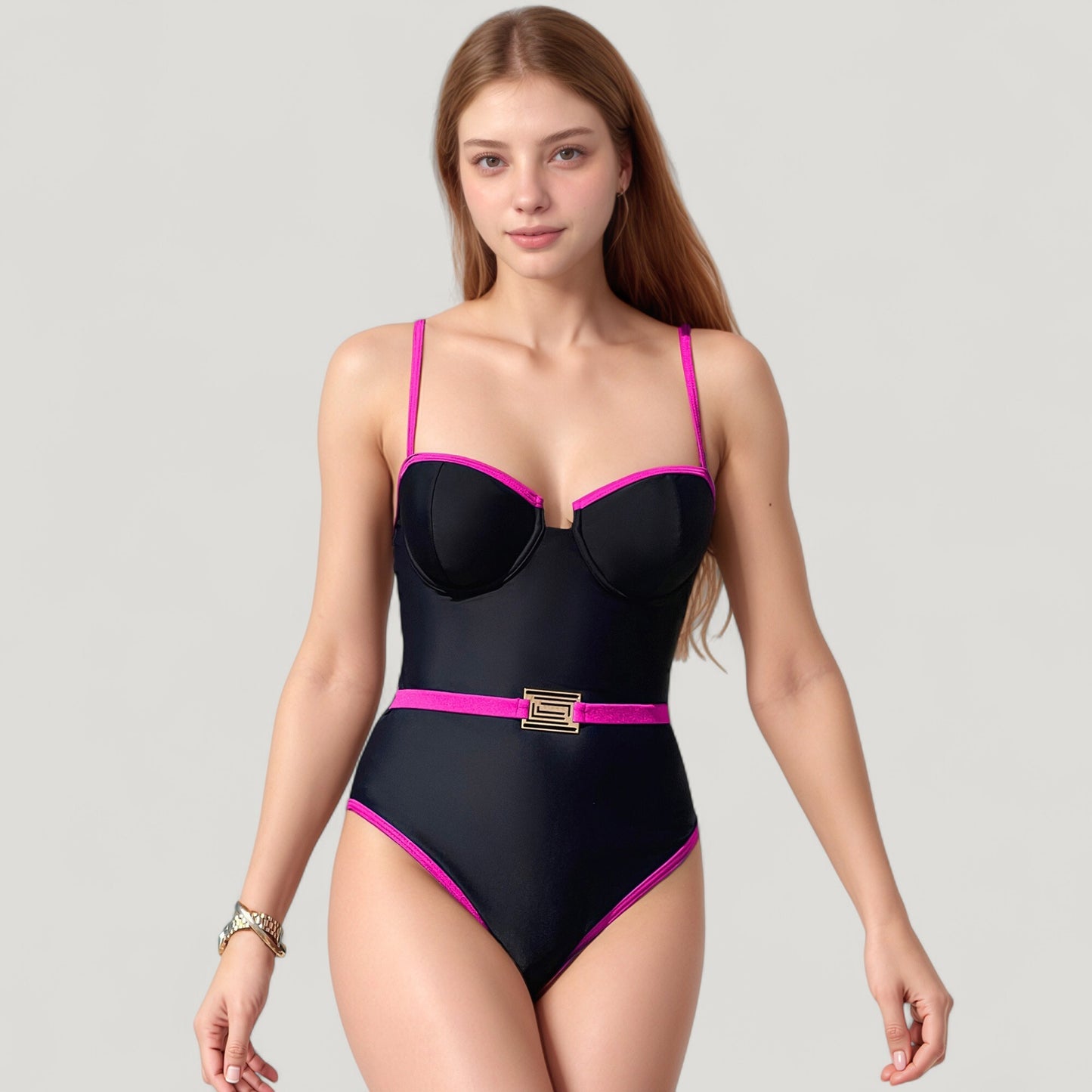 Anna-Kaci Swim Women's One-Piece Swimsuit with Contrast Trim Underwire Cups and Decorative Belt Detail