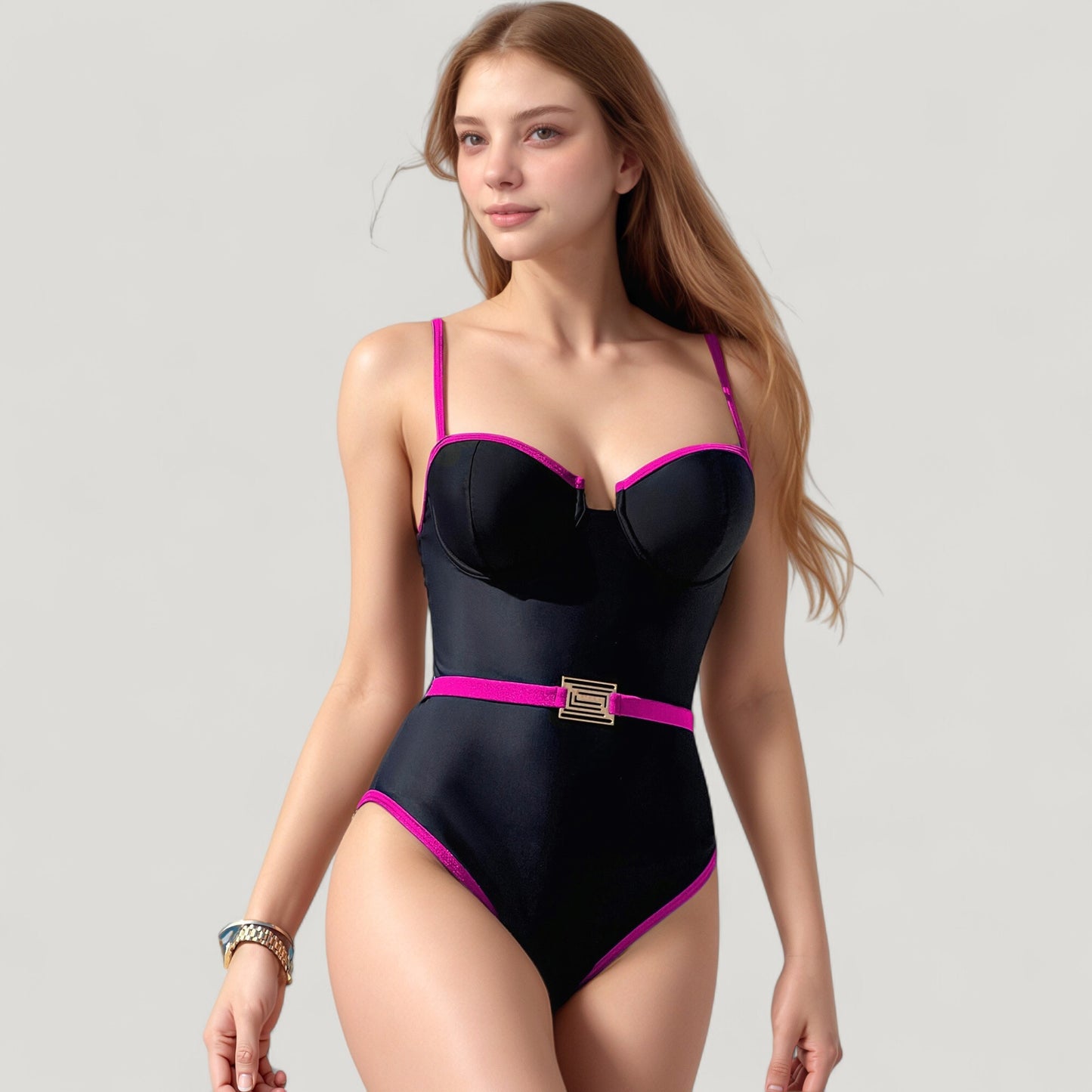 Anna-Kaci Swim Women's One-Piece Swimsuit with Contrast Trim Underwire Cups and Decorative Belt Detail