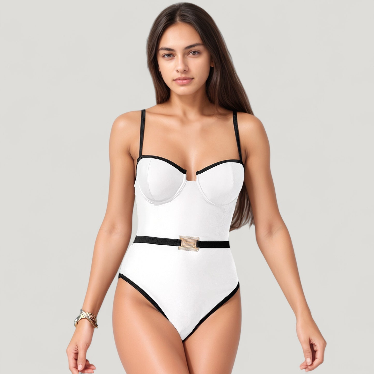 Anna-Kaci Swim Women's One-Piece Swimsuit with Contrast Trim Underwire Cups and Decorative Belt Detail