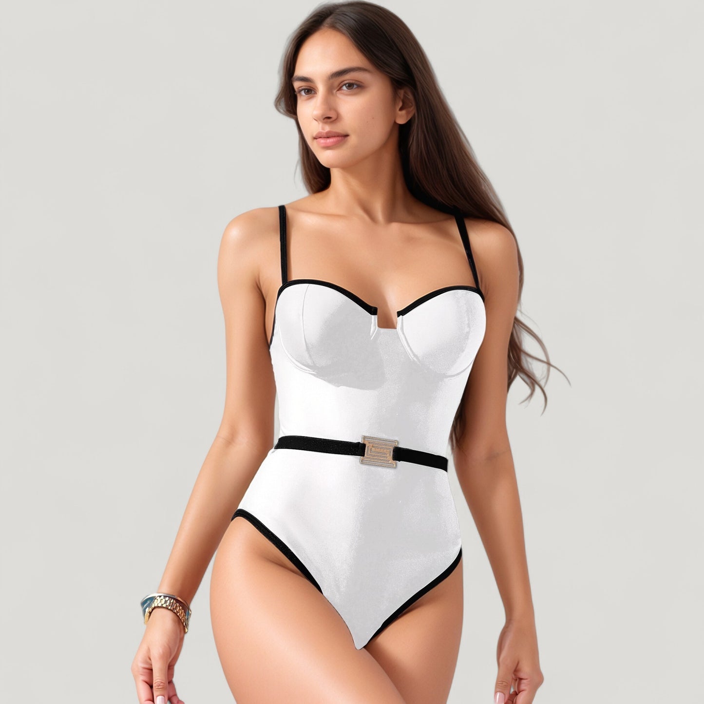 Anna-Kaci Swim Women's One-Piece Swimsuit with Contrast Trim Underwire Cups and Decorative Belt Detail