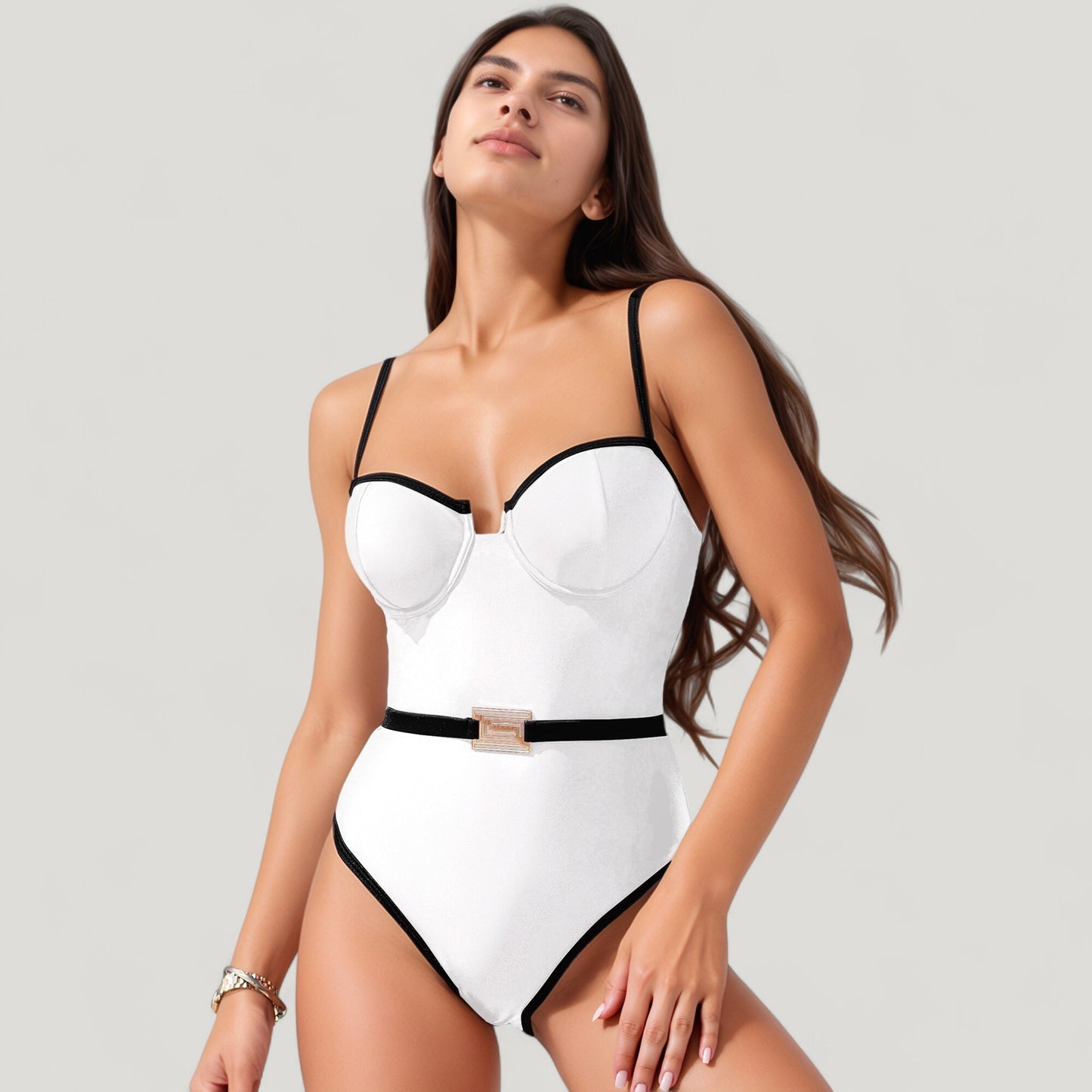 Anna-Kaci Swim Women's One-Piece Swimsuit with Contrast Trim Underwire Cups and Decorative Belt Detail