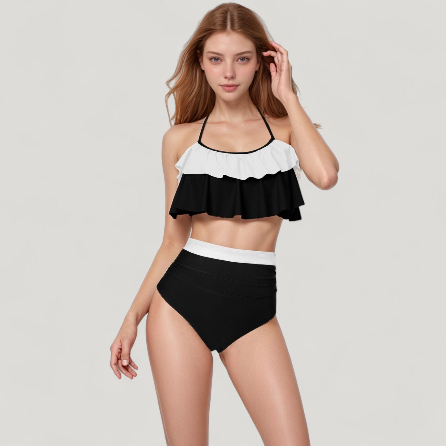 Anna-Kaci Swim Women's Ruffle Flounce Bikini Top and High Waist Bottom Two-Piece Swimsuit with Contrast Trim