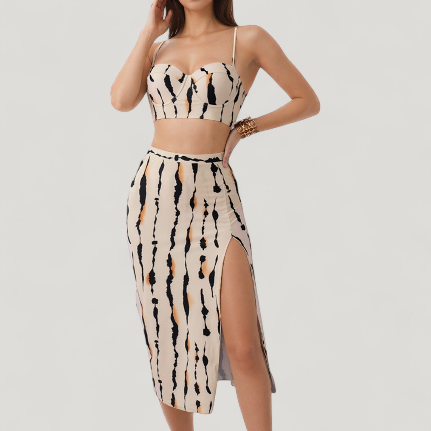 Anna-Kaci Swim Women's Three-Piece Swimsuit Set with Printed Underwire Bikini Top High Waist Bottom and Matching Side Slit Skirt Cover-Up