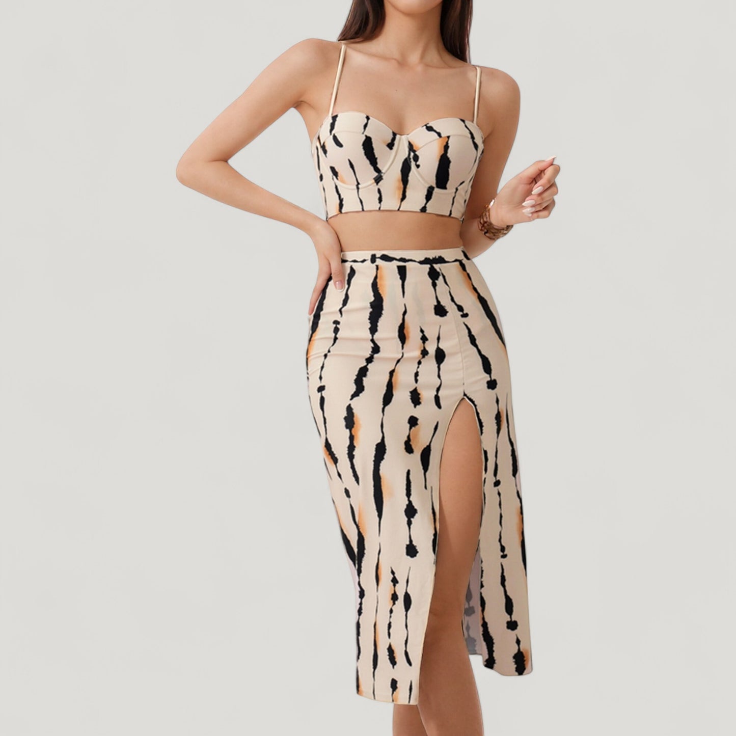 Anna-Kaci Swim Women's Three-Piece Swimsuit Set with Printed Underwire Bikini Top High Waist Bottom and Matching Side Slit Skirt Cover-Up