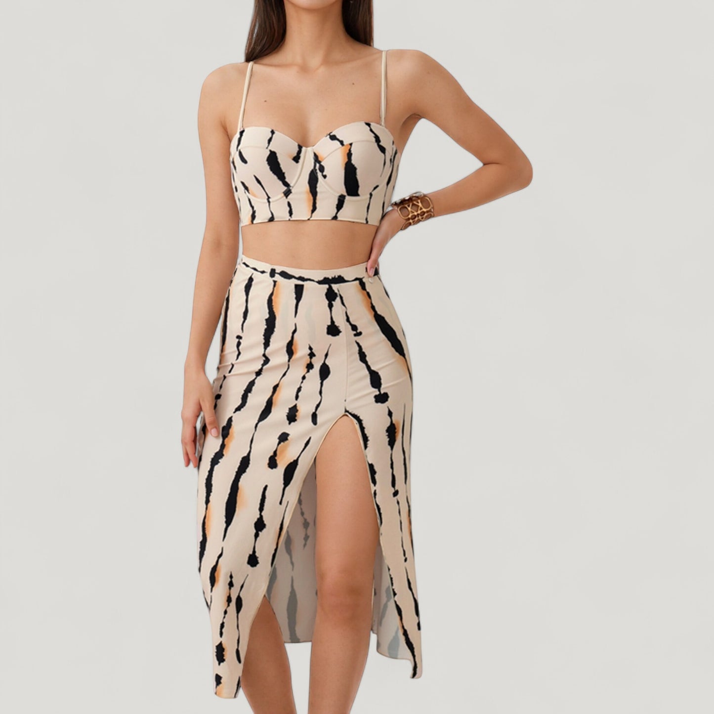 Anna-Kaci Swim Women's Three-Piece Swimsuit Set with Printed Underwire Bikini Top High Waist Bottom and Matching Side Slit Skirt Cover-Up