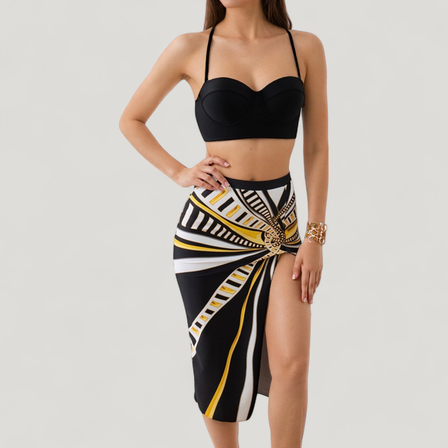 Anna-Kaci Swim Women's Three-Piece Swimsuit Set with Printed Underwire Bikini Top High Waist Bottom and Matching Side Slit Skirt Cover-Up
