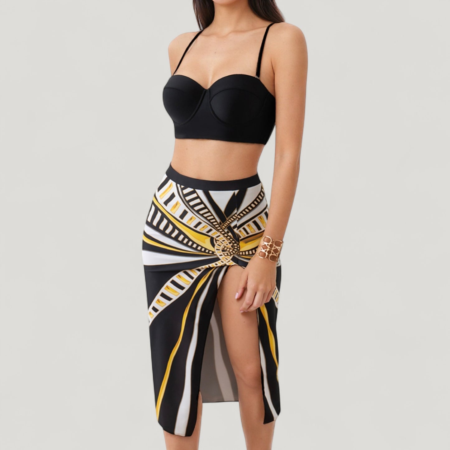 Anna-Kaci Swim Women's Three-Piece Swimsuit Set with Printed Underwire Bikini Top High Waist Bottom and Matching Side Slit Skirt Cover-Up