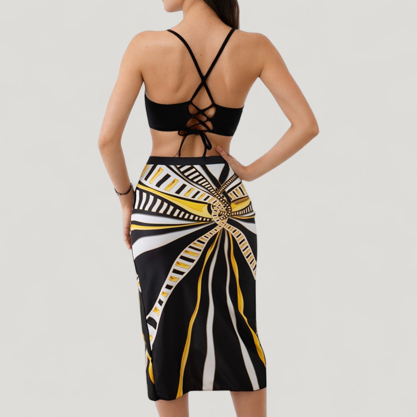 Anna-Kaci Swim Women's Three-Piece Swimsuit Set with Printed Underwire Bikini Top High Waist Bottom and Matching Side Slit Skirt Cover-Up