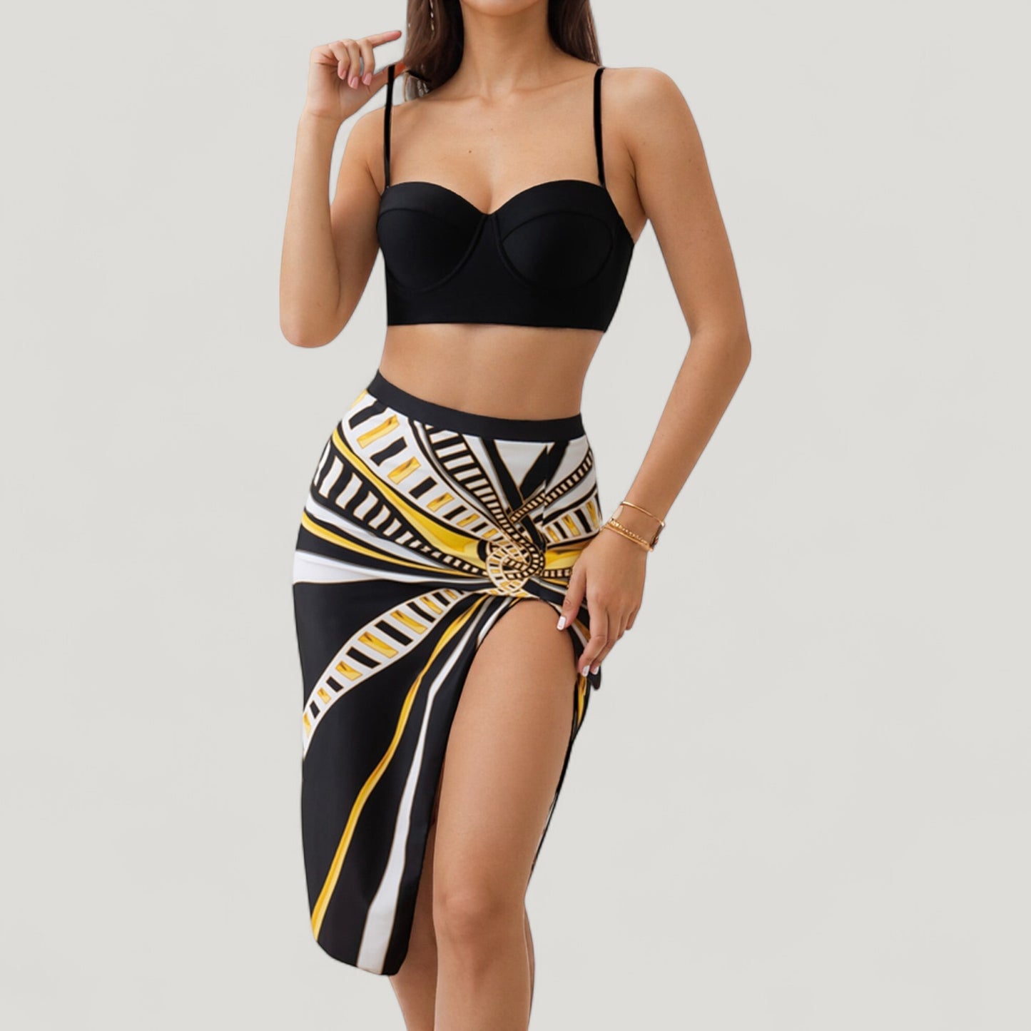 Anna-Kaci Swim Women's Three-Piece Swimsuit Set with Printed Underwire Bikini Top High Waist Bottom and Matching Side Slit Skirt Cover-Up
