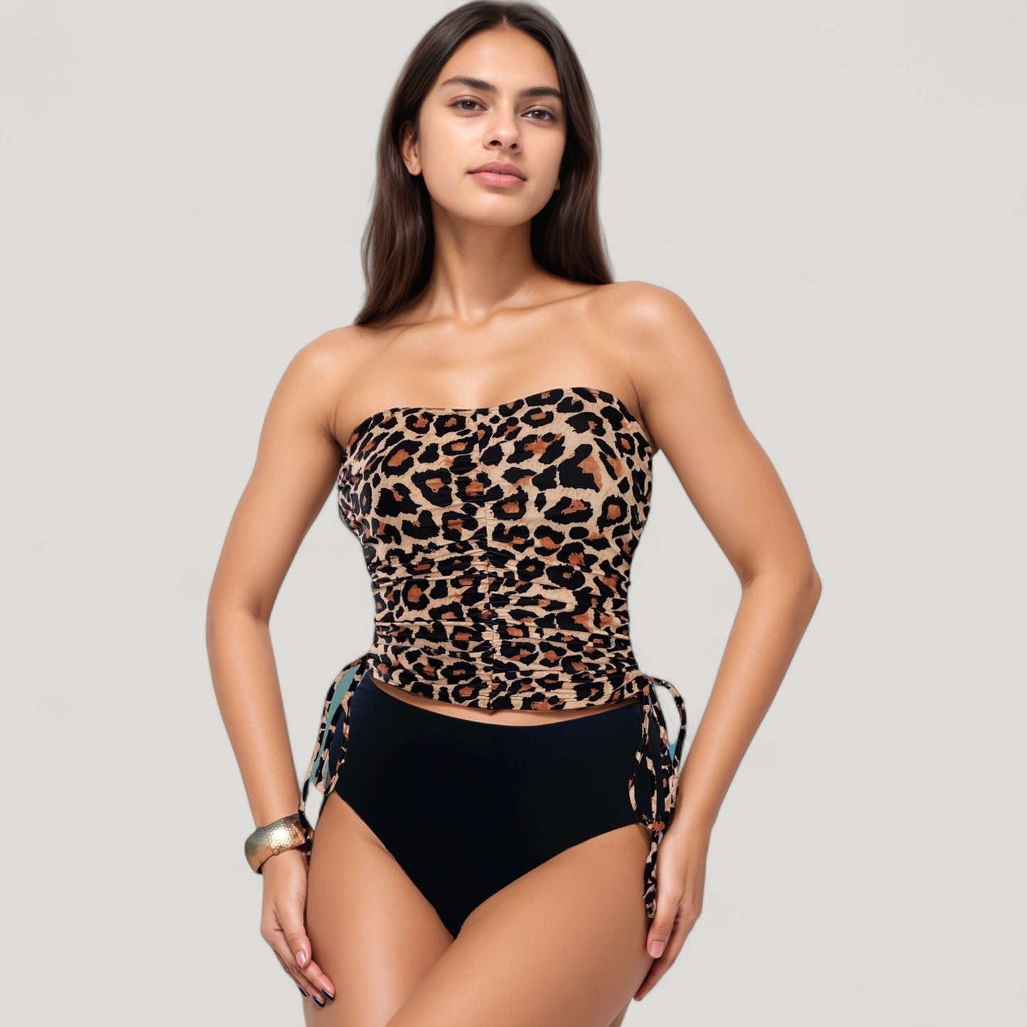 Anna-Kaci Swim Women's Strapless Leopard Print Ruched Tankini Top and High Waist Bikini Bottom Two-Piece Swimsuit