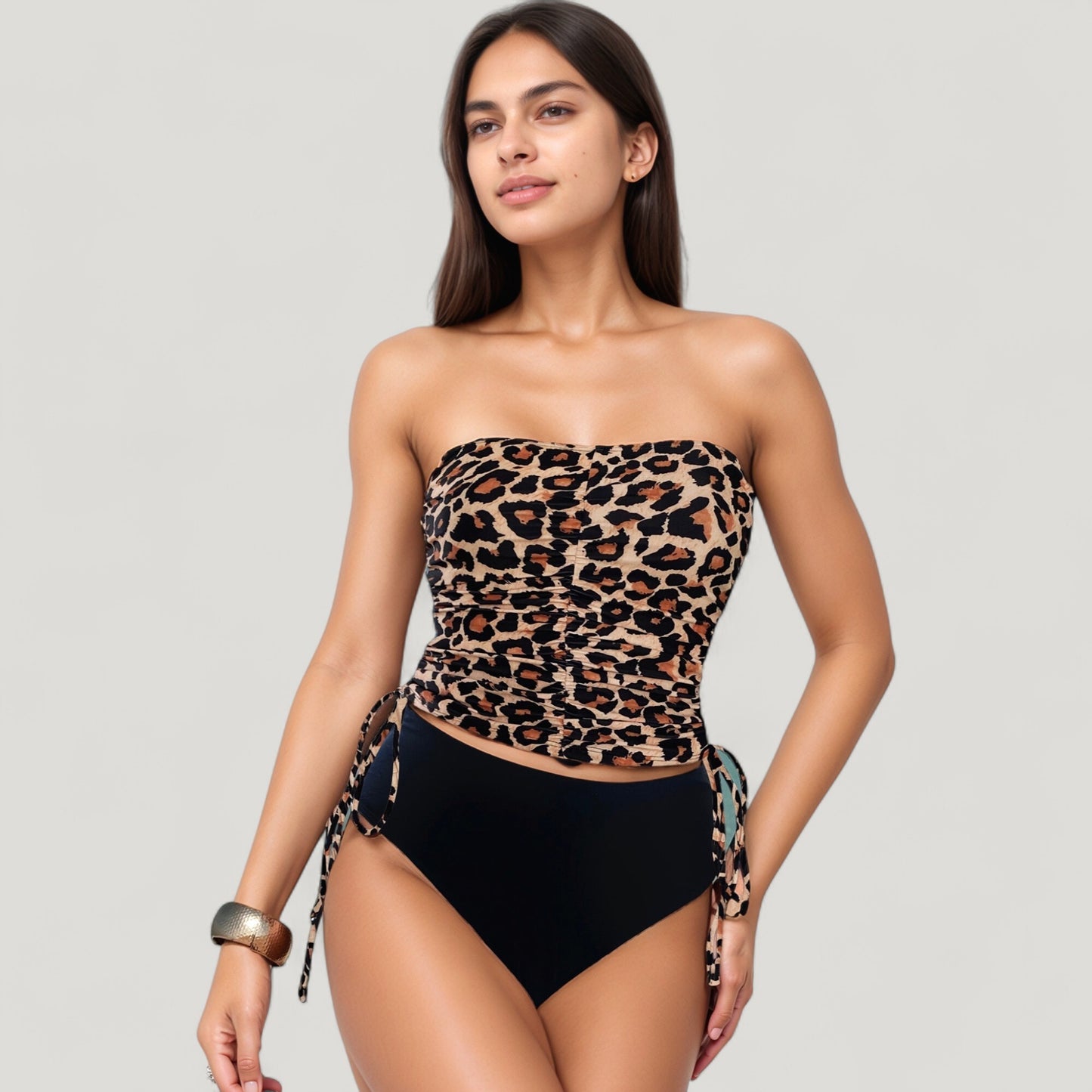 Anna-Kaci Swim Women's Strapless Leopard Print Ruched Tankini Top and High Waist Bikini Bottom Two-Piece Swimsuit