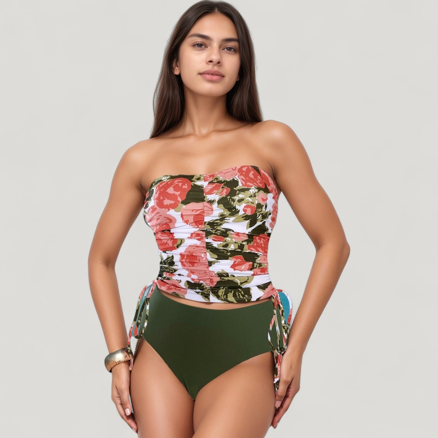 Anna-Kaci Swim Women's Strapless Leopard Print Ruched Tankini Top and High Waist Bikini Bottom Two-Piece Swimsuit