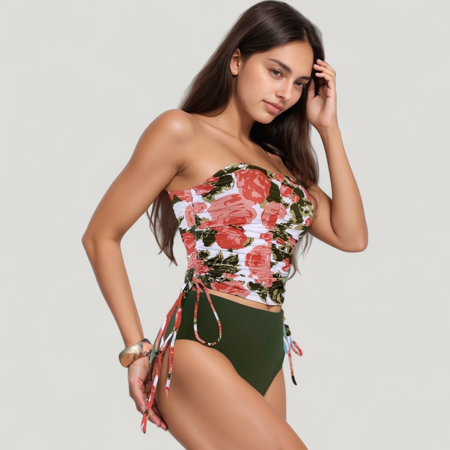 Anna-Kaci Swim Women's Strapless Leopard Print Ruched Tankini Top and High Waist Bikini Bottom Two-Piece Swimsuit