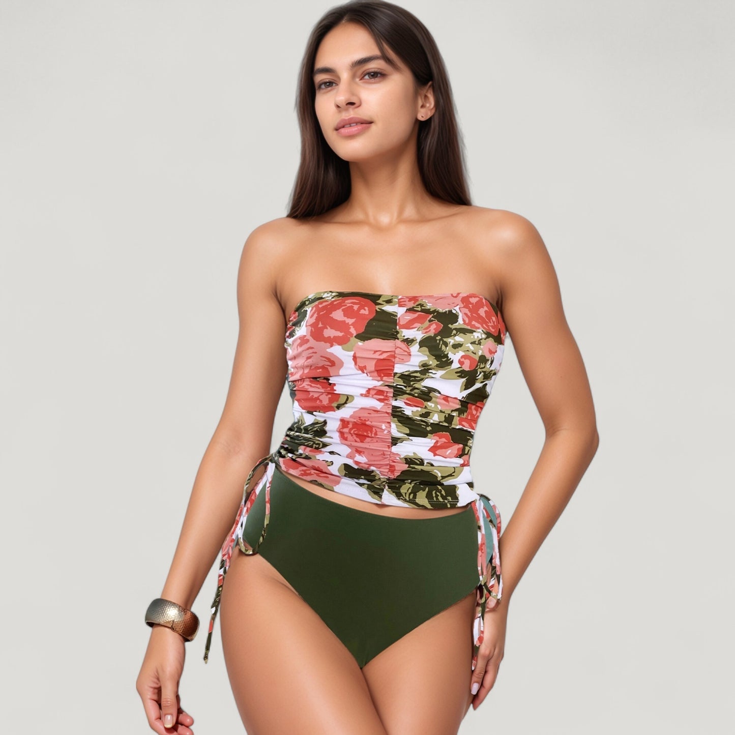 Anna-Kaci Swim Women's Strapless Leopard Print Ruched Tankini Top and High Waist Bikini Bottom Two-Piece Swimsuit