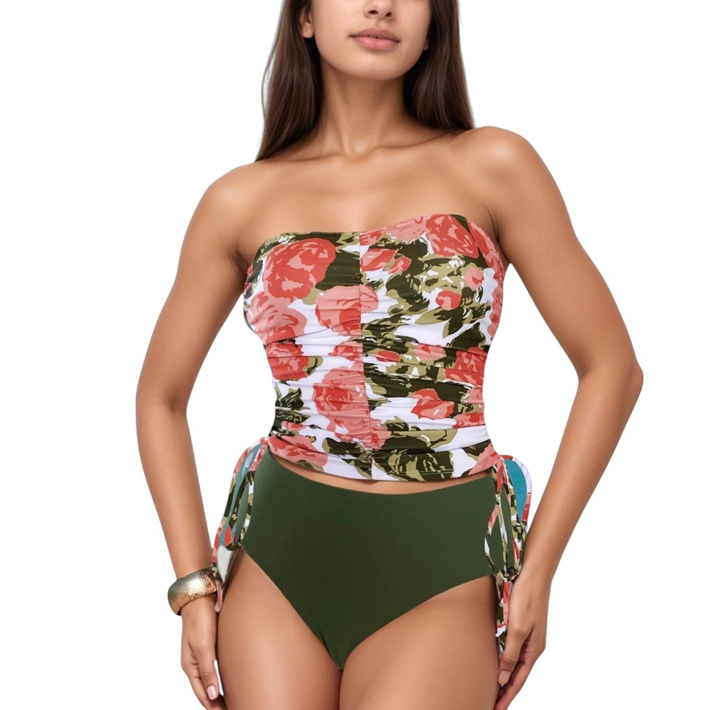 Anna-Kaci Swim Women's Strapless Leopard Print Ruched Tankini Top and High Waist Bikini Bottom Two-Piece Swimsuit