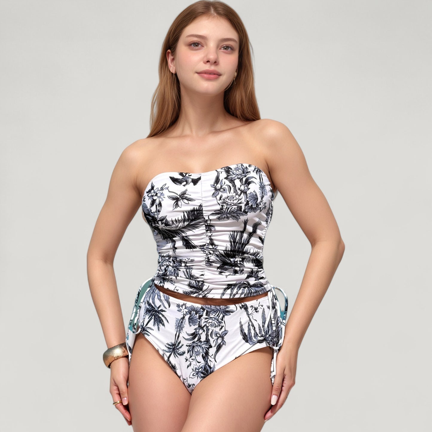 Anna-Kaci Swim Women's Strapless Leopard Print Ruched Tankini Top and High Waist Bikini Bottom Two-Piece Swimsuit