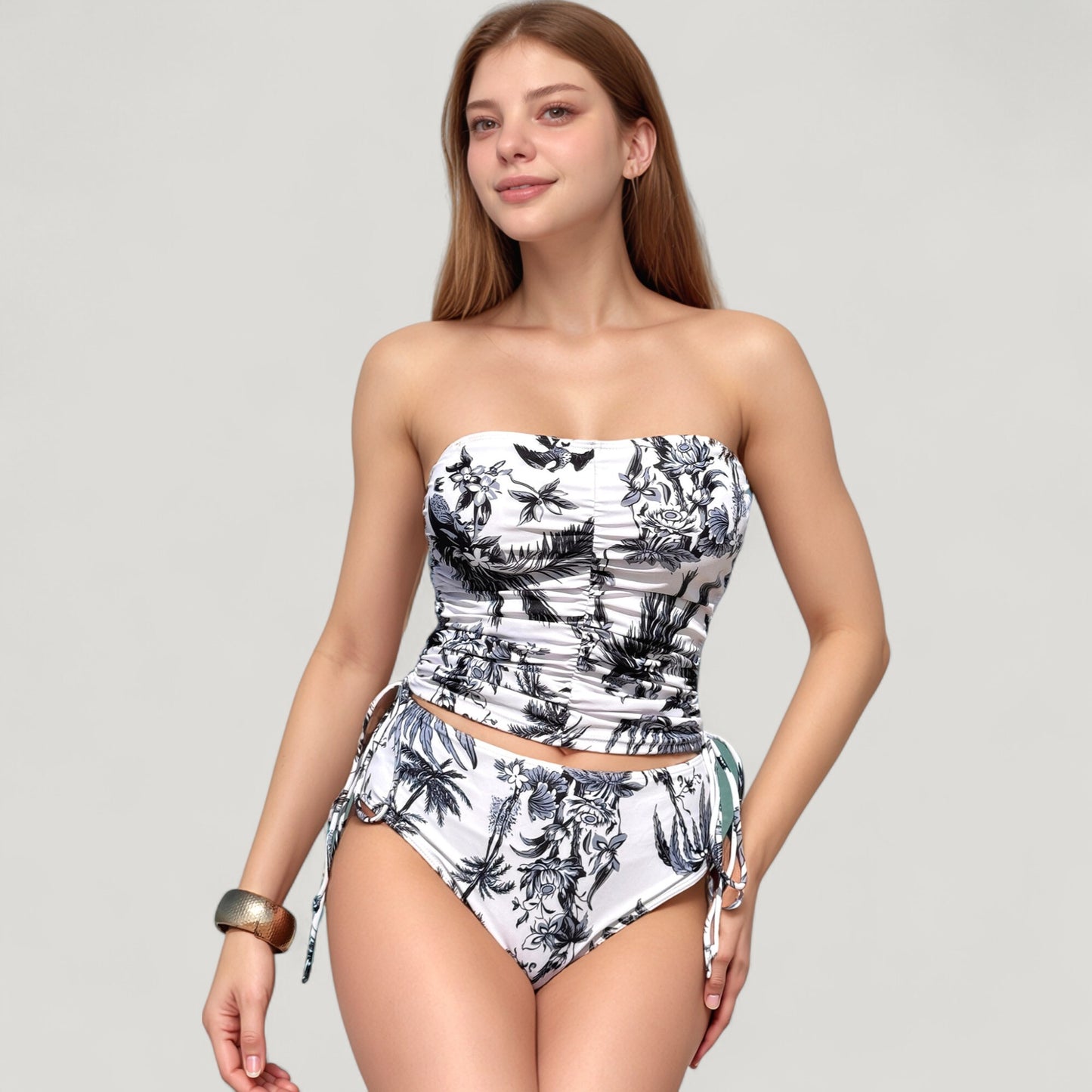 Anna-Kaci Swim Women's Strapless Leopard Print Ruched Tankini Top and High Waist Bikini Bottom Two-Piece Swimsuit