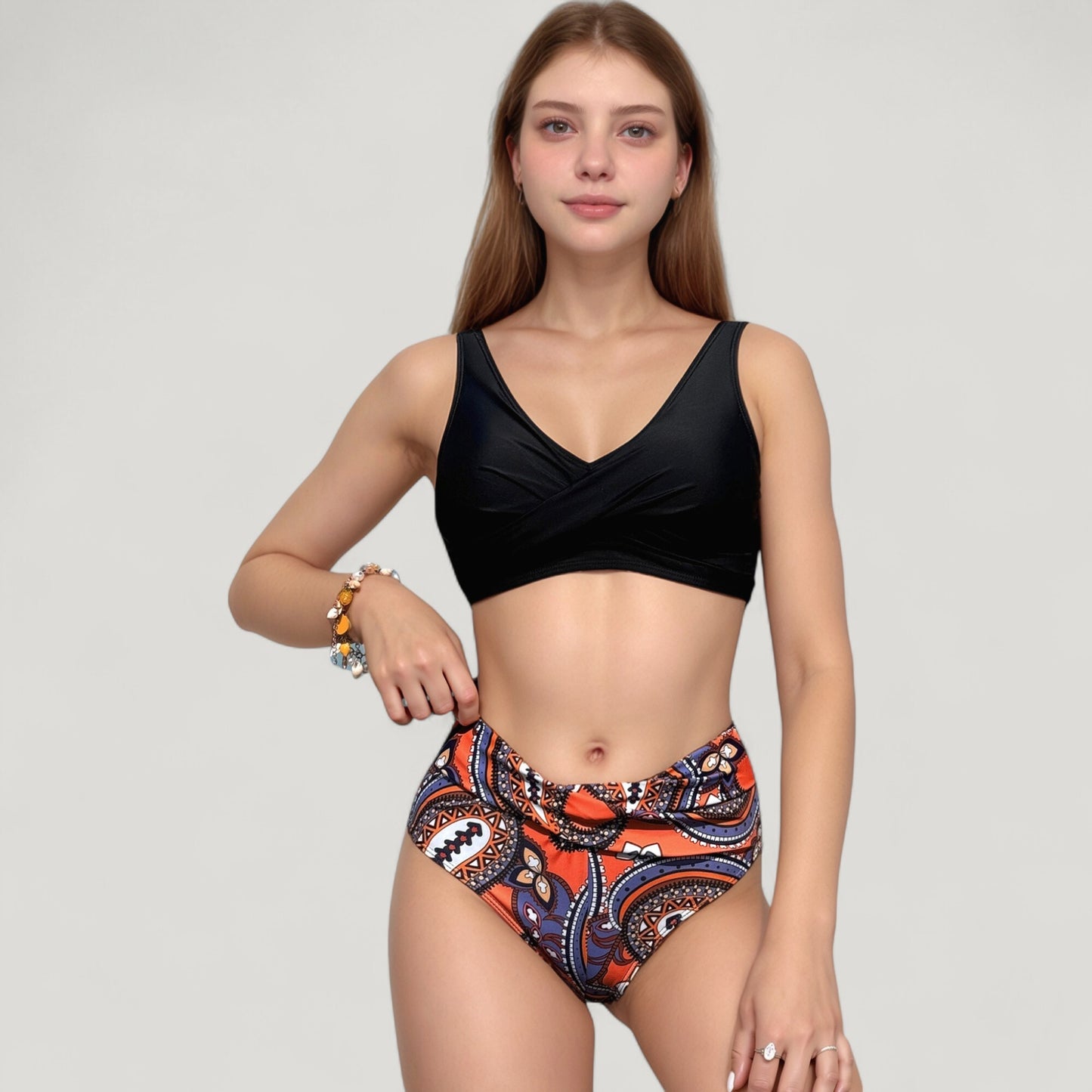 Anna-Kaci Swim Women's Wrap Front Bikini Top and High Waist Printed Bottom Two-Piece Swimsuit with Paisley Pattern Design