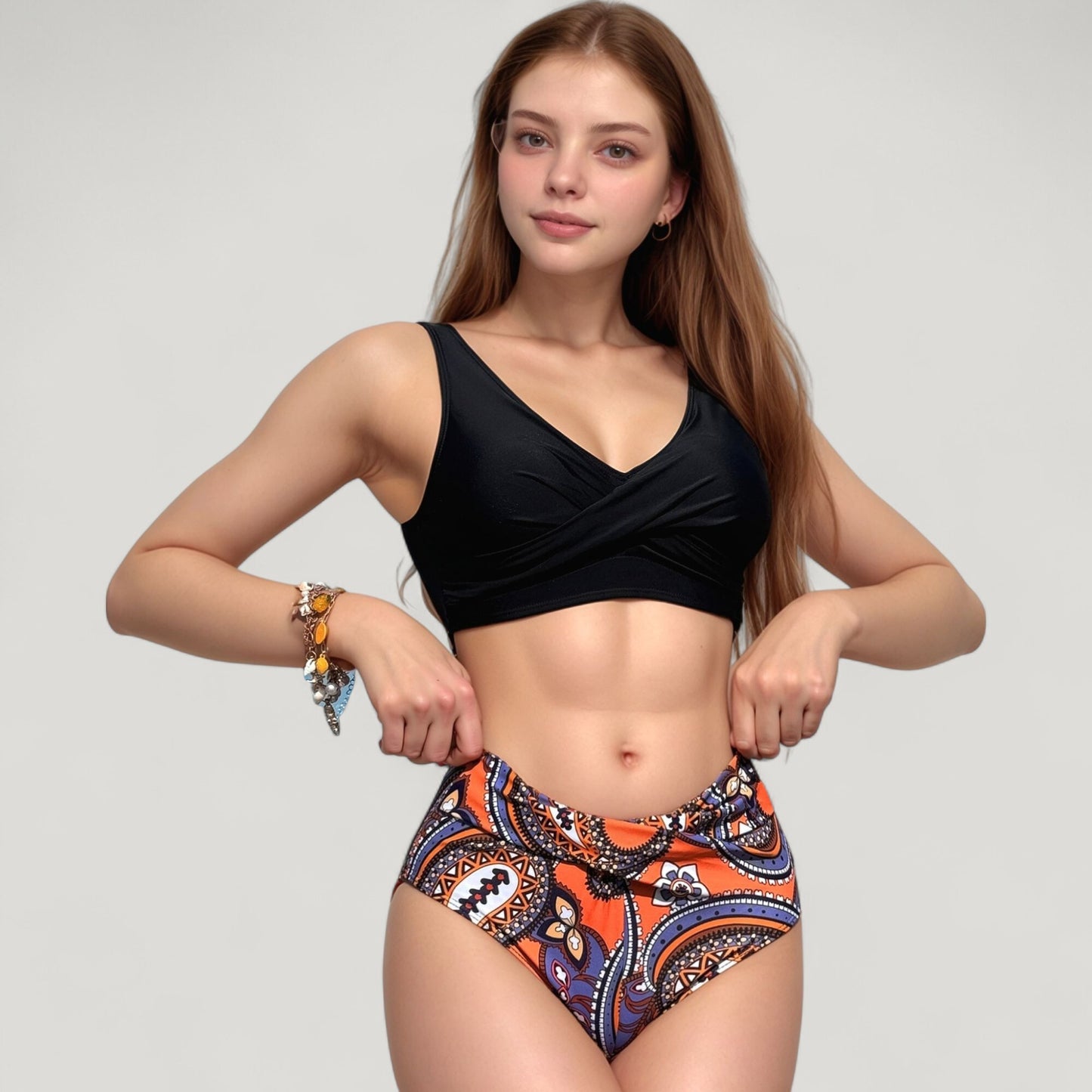Anna-Kaci Swim Women's Wrap Front Bikini Top and High Waist Printed Bottom Two-Piece Swimsuit with Paisley Pattern Design