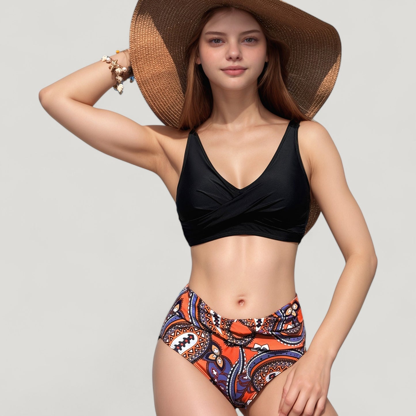 Anna-Kaci Swim Women's Wrap Front Bikini Top and High Waist Printed Bottom Two-Piece Swimsuit with Paisley Pattern Design